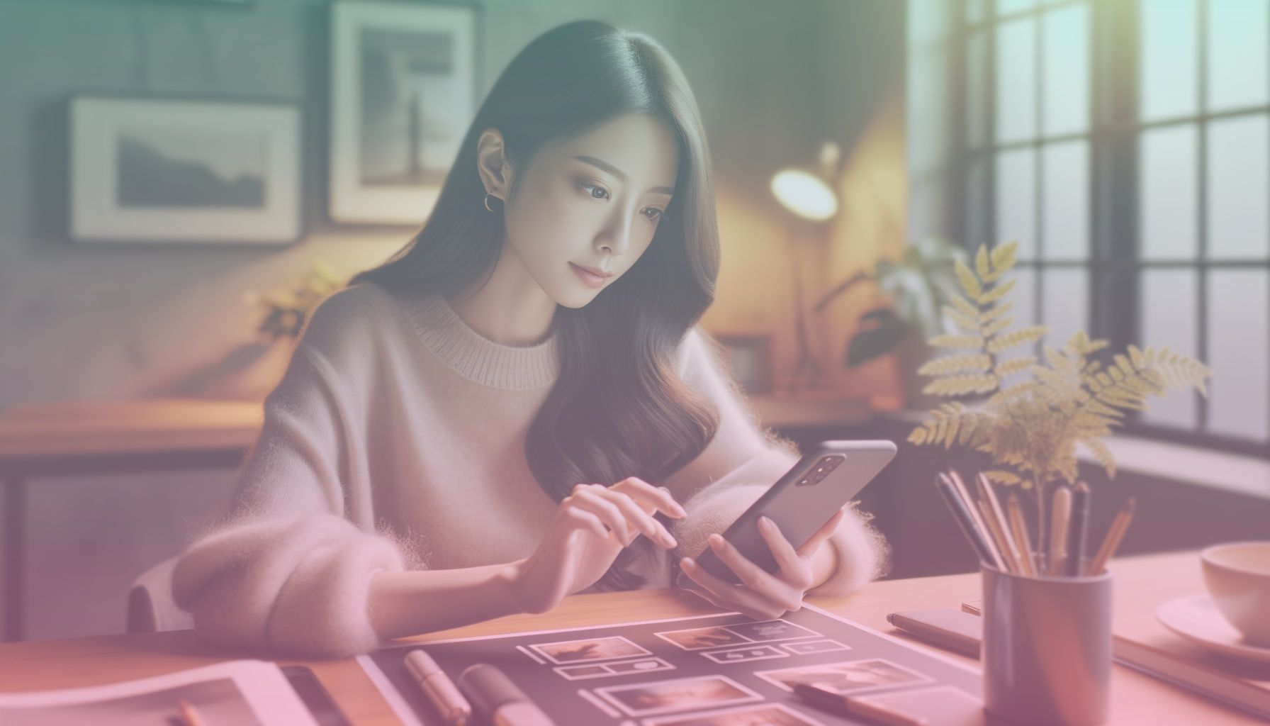 A social media influencer engaging with a smartphone, reflecting content curation focus. working in a a cozy yet modern home office environment, complete with a sleek desk, houseplants, and soft natural lighting that facilitates a productive ambiance.. Scene is lit with soft, natural daylight streams through a nearby window, creating a warm and inviting glow. this lighting supports a calm yet energetic mood, aligning with the reflective but strategic tone of content optimization..