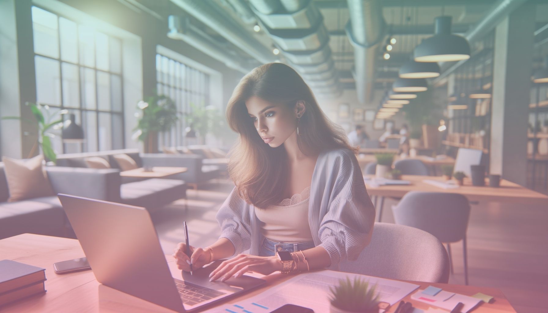 A dynamic influencer working on a digital strategy with a laptop and social media interfaces showing brand icons. working in a a modern and stylish co-working space with creative elements and soft furnishings. the environment is collaborative with a hint of professionalism, styled with sleek desks and green plants around to add a touch of nature.. Scene is lit with bright, daylight streaming in through large windows, casting soft shadows that create a vibrant and inspiring atmosphere. the lighting is natural and crisp, enhancing the clear and energetic tone of the workspace..