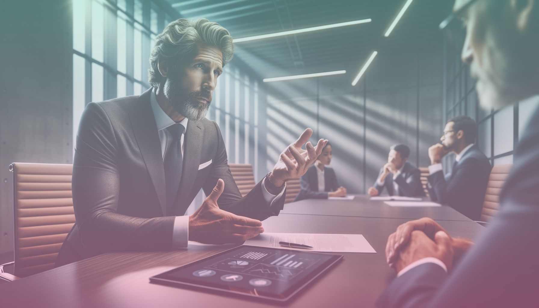 A professional negotiator confidently discussing terms with a business representative. working in a a modern, well-lit office setting that emphasizes professionalism and engagement, with a sleek conference table and digital collaboration tools in the background.. Scene is lit with bright, natural lighting highlighting clarity and focus, with soft shadows enhancing depth and a dynamic atmosphere reflective of strategic thinking..