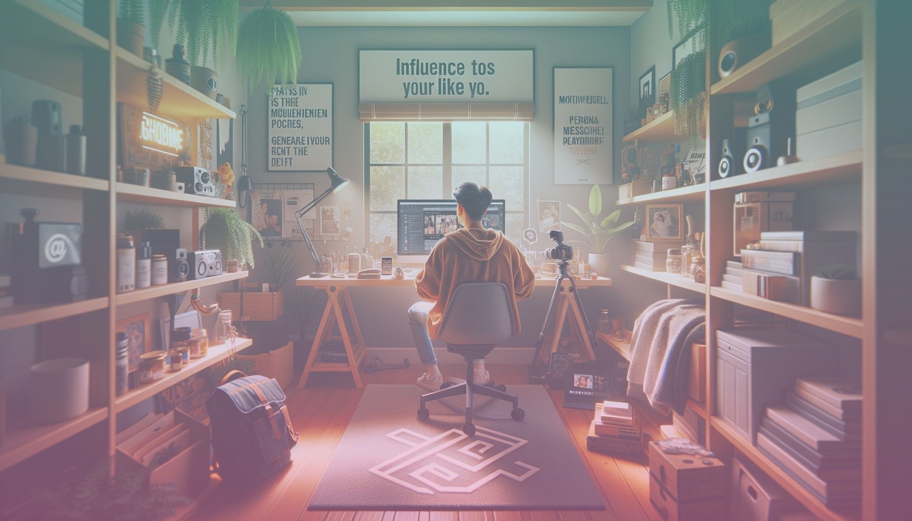 A dynamic influencer with a laptop and smartphone, set amidst an array of influencer must-haves like branded merchandise and digital content creation tools. working in a a modern, well-organized home office with aesthetic decor elements. background shows motivational quotes and shelves stocked with books and tech gadgets that underline professional influencer trends.. Scene is lit with natural daylight streams through large windows, casting soft highlights, with a warm and vibrant atmosphere that reflects creativity and productivity..