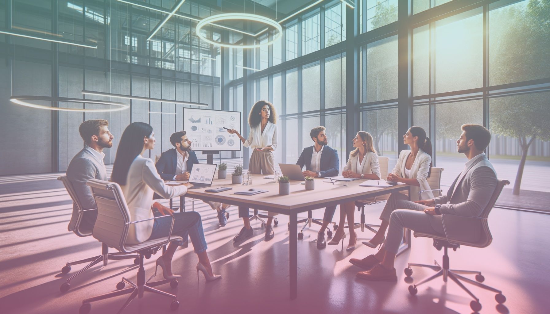 A diverse group of business professionals in a modern meeting room, each representing a different market demographic to emphasize diversity and inclusion. working in a a well-lit contemporary co-working space, with design elements like glass walls and ergonomic furniture, complementing the collaborative nature of the meeting. the environment's open layout allows natural daylight to flood the room, adding a fresh, innovative ambiance.. Scene is lit with bright and natural lighting highlights the professionalism of the setting, with daylight enhancing the colors and details of the participants' expressions. the atmosphere conveys a sense of innovation and forward-thinking..