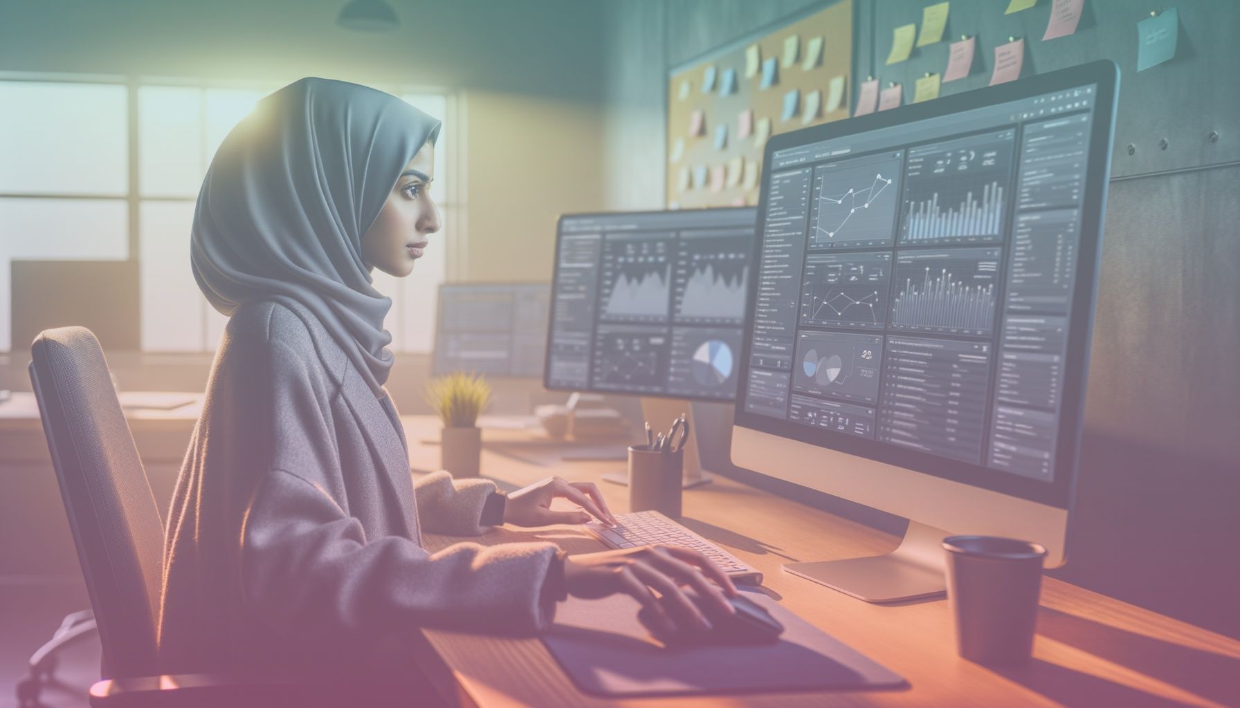 A digital marketer focused intently on a computer screen filled with UTM tracking data. working in a an advanced, modern office with multiple monitors displaying analytics dashboards, a coffee cup on the desk, and post-it notes on the wall. the lighting creates a warm and professional ambiance.. Scene is lit with soft, ambient lighting with natural light spilling through a window, casting gentle shadows and creating a dynamic yet contemplative atmosphere..