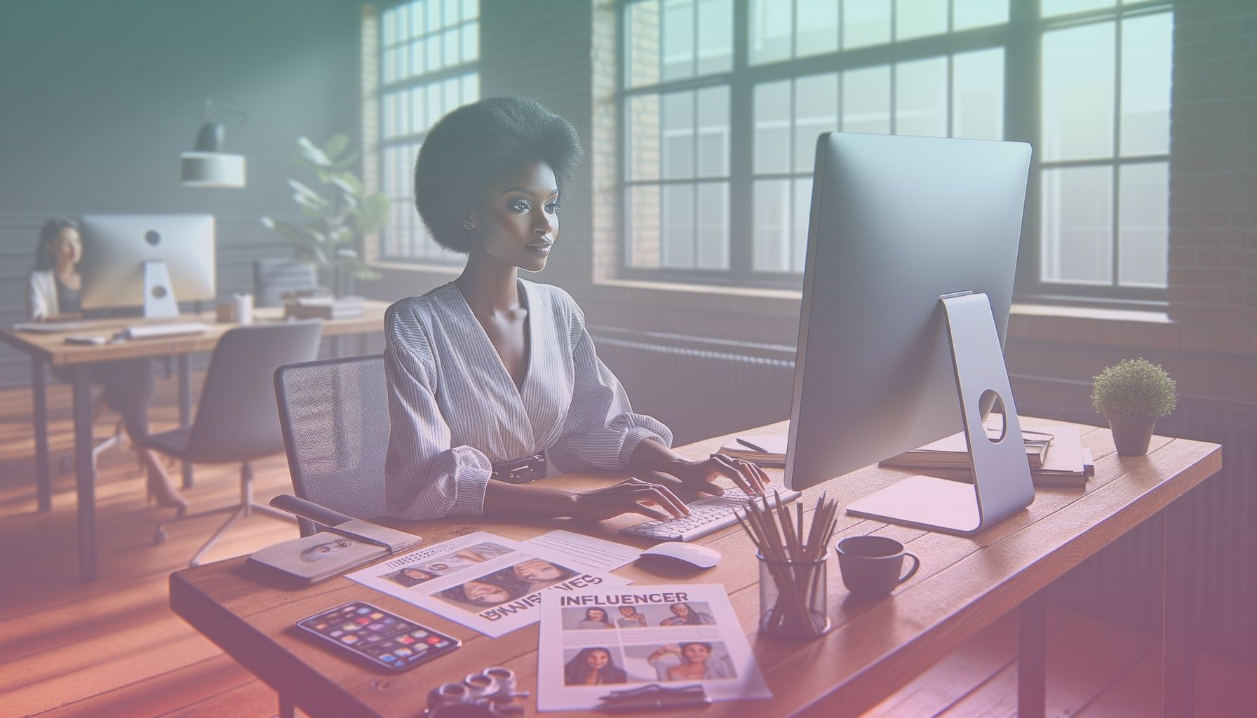 A marketing professional drafting a detailed influencer brief at a modern workplace, surrounded by digital tools and campaign materials. working in a a contemporary, tech-savvy office space with large windows letting in natural light. the environment is organized with a computer, tablet, and various marketing materials laid out on a sleek, minimalistic desk, complementing the professional theme.. Scene is lit with natural daylight streaming through windows highlights the subject’s focused expression and the organized setting. the atmosphere is vibrant yet composed, aligning with the theme of professional efficiency..