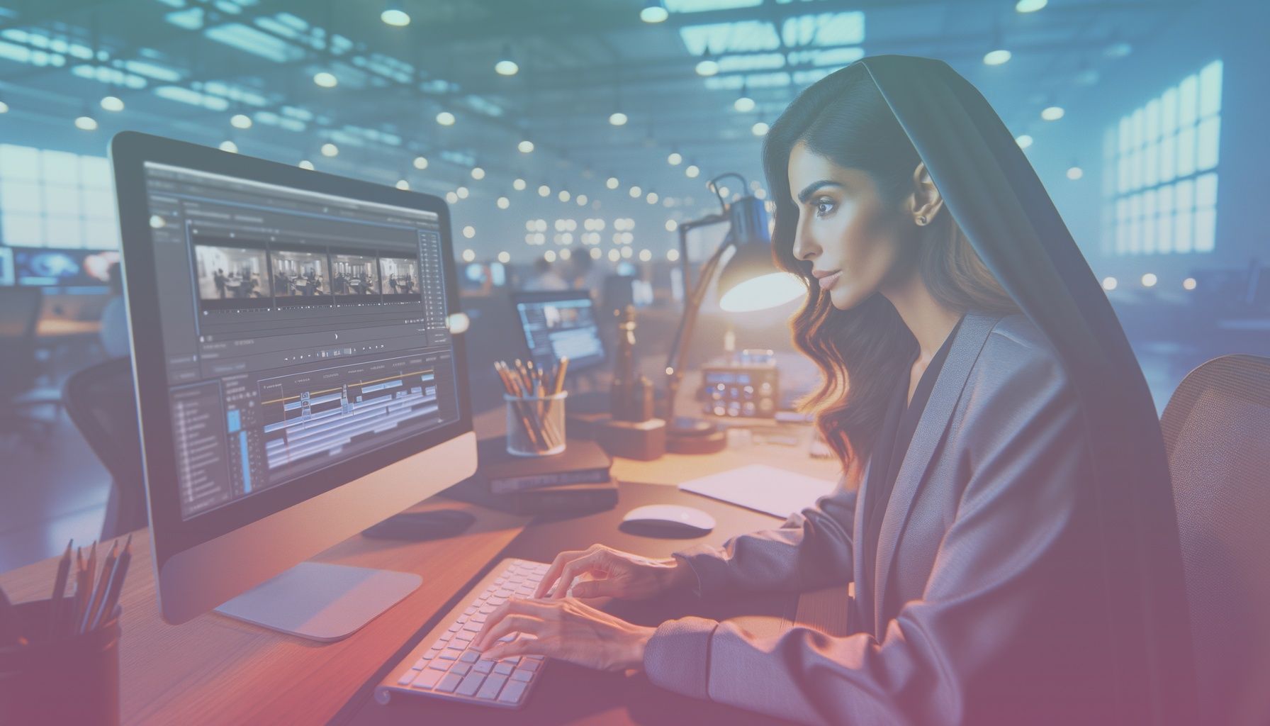 A creative professional working on a computer with YouTube's interface on the screen, showcasing video timestamp settings. working in a a modern office space filled with advanced technology and digital screens, emphasizing a professional ambiance. the youtube interface on a large monitor forms the central focus, with a plethora of gadgets around the workspace denoting high tech engagement.. Scene is lit with bright, even lighting highlighting the subject and workspace. the atmosphere is energetic yet precise, embodying focus and technological progress..