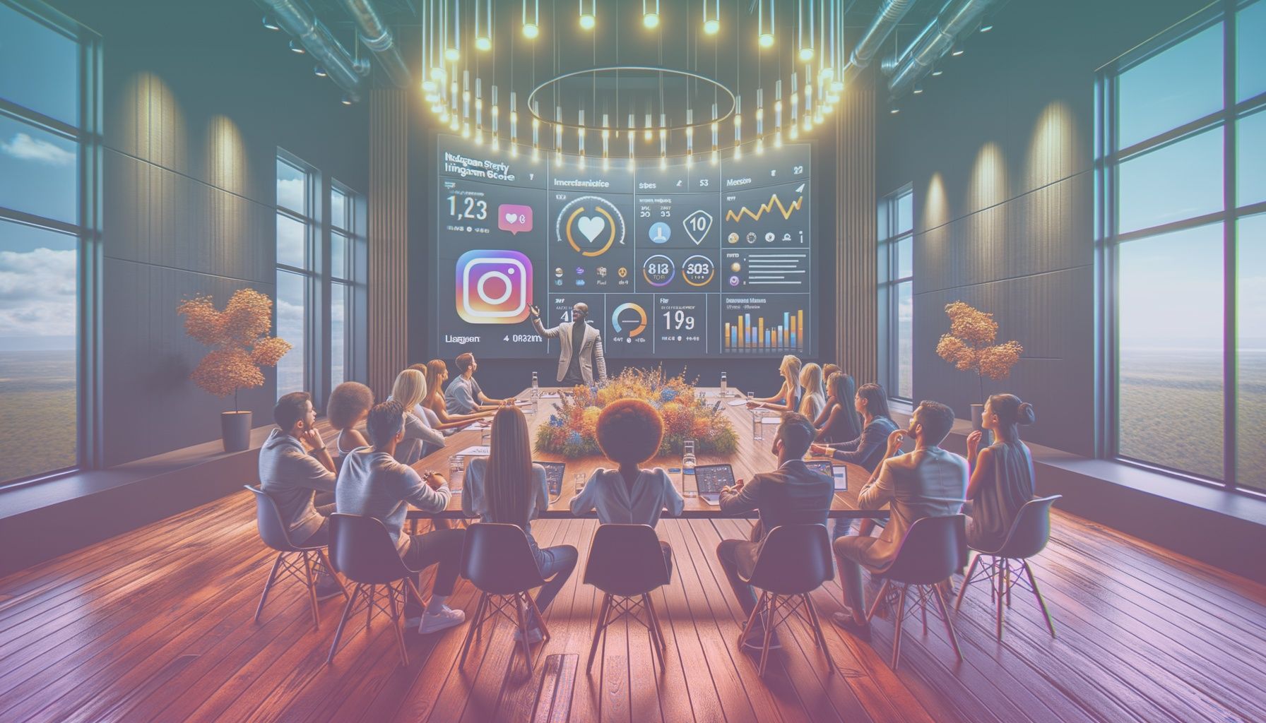 A social media strategist speaking to a diverse group of influencers, emphasizing diverse engagement strategies. working in a a modern, well-lit conference room with visual aids and a large screen displaying instagram story analytics. the environment suggests collaboration and innovation.. Scene is lit with bright and inviting lighting with strategic highlights casting shadows that emphasize the professional yet relaxed tone. atmosphere is collaborative and energetic..