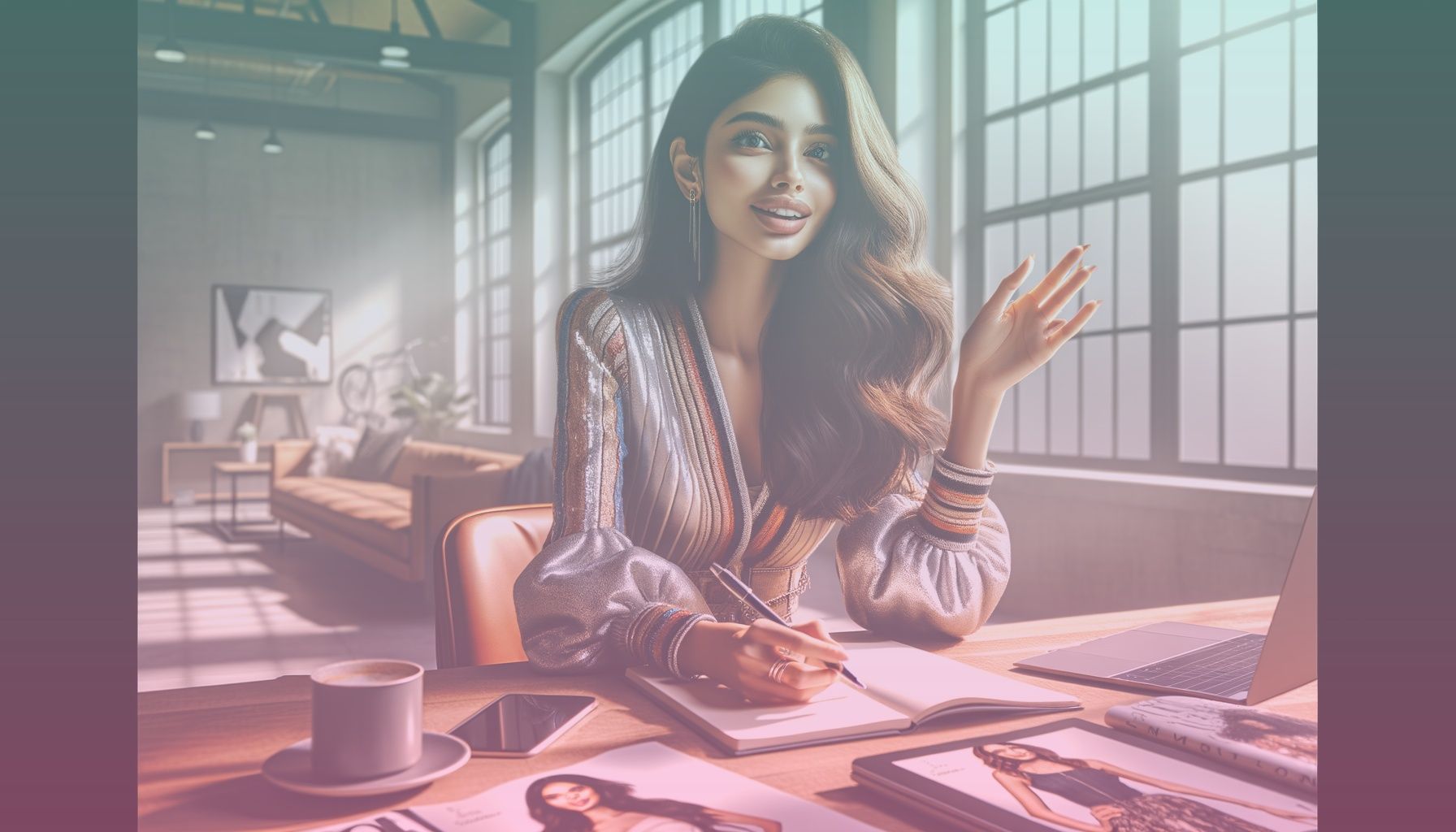 A dynamic young influencer at a stylish workspace. She wears trendy yet professional clothing, showing a confident and approachable aura. working in a a modern, airy office with natural light filtering through large windows. the space is organized with fashion magazines, a laptop, and a stylish coffee cup elegantly placed on a sleek wooden desk.. Scene is lit with bright, natural lighting highlighting the subject's features, with a warm atmosphere creating an inviting and energetic work environment..