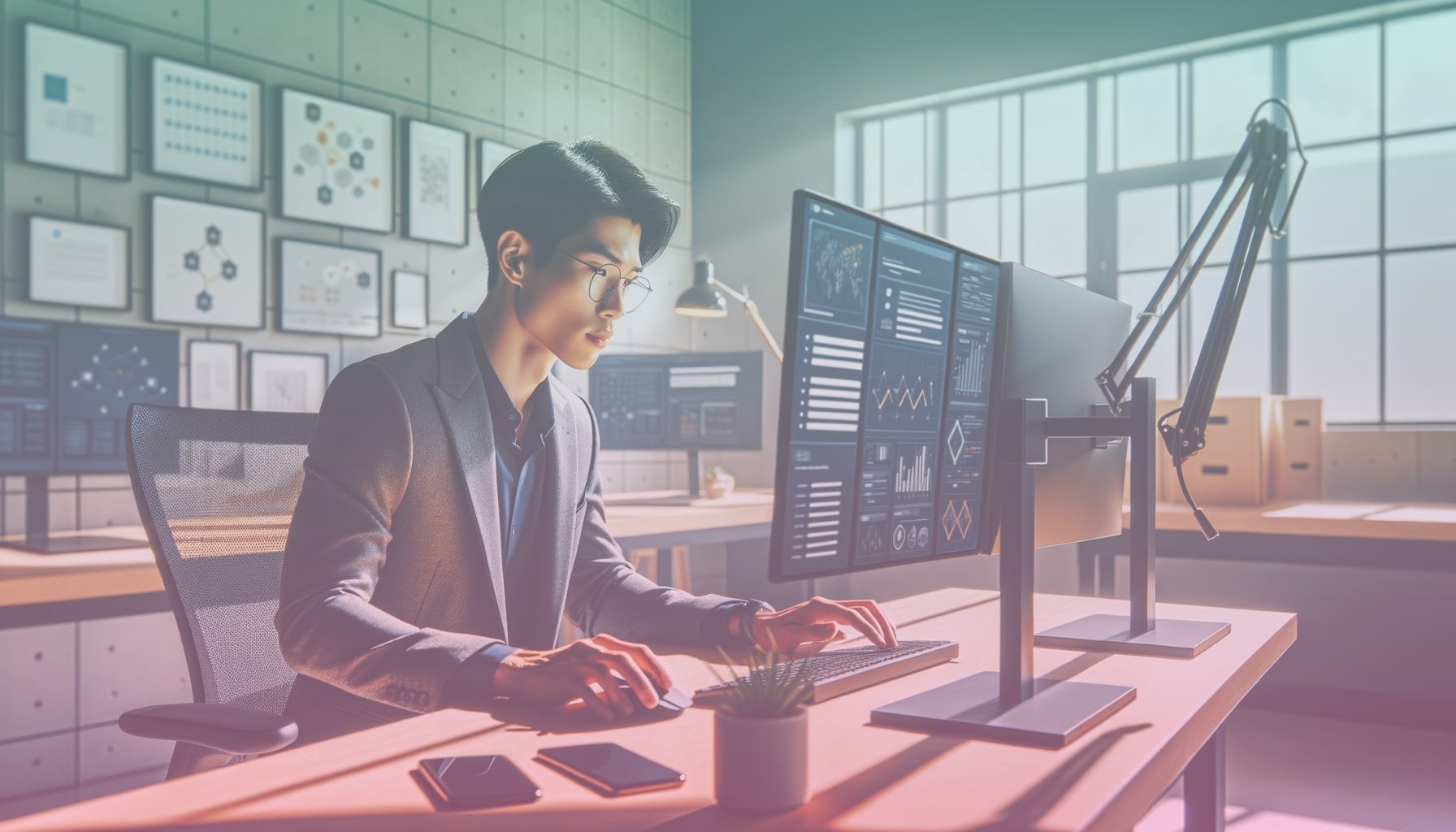 A young professional poised at a computer, immersed in Trendyol's digital interface, representing modern e-commerce engagement. working in a a contemporary office space, featuring a sleek desk and ergonomic chair, surrounded by technology such as dual monitors and a smartphone. the background should have subtle decorations like a potted plant and motivational posters, creating a professional yet inviting environment.. Scene is lit with daylight streaming through a nearby window casts soft shadows, highlighting the diligence of the subject. the atmosphere is vibrant and focused, reflecting the dynamism of digital business..