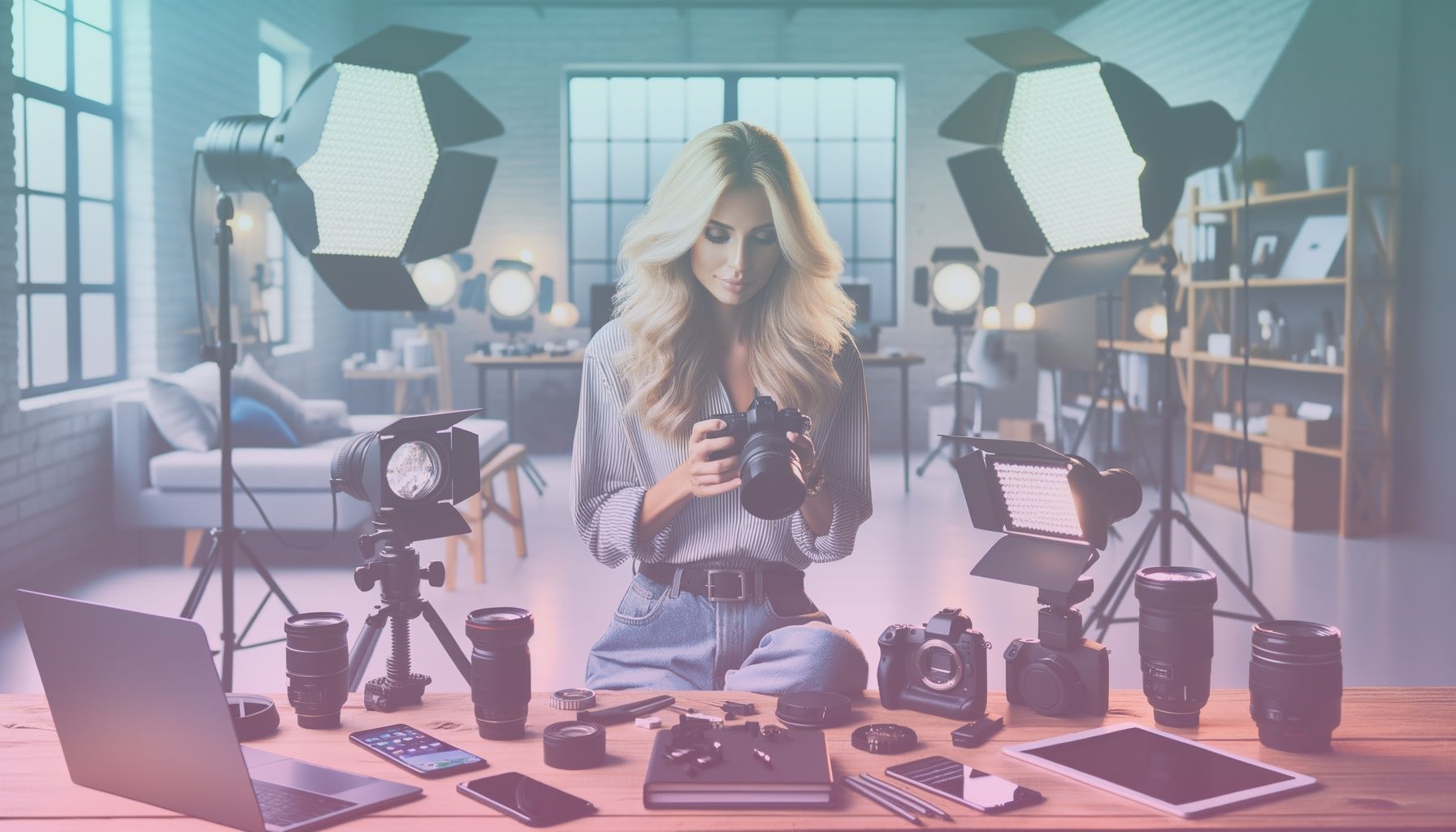 A professional influencer in a studio setting showcasing various content creation tools. working in a a modern, well-equipped studio with digital and traditional imagery tools around, conveying creativity and professionalism.. Scene is lit with bright, focused lighting highlighting the influencer and the studio, creating an energetic and vibrant atmosphere..