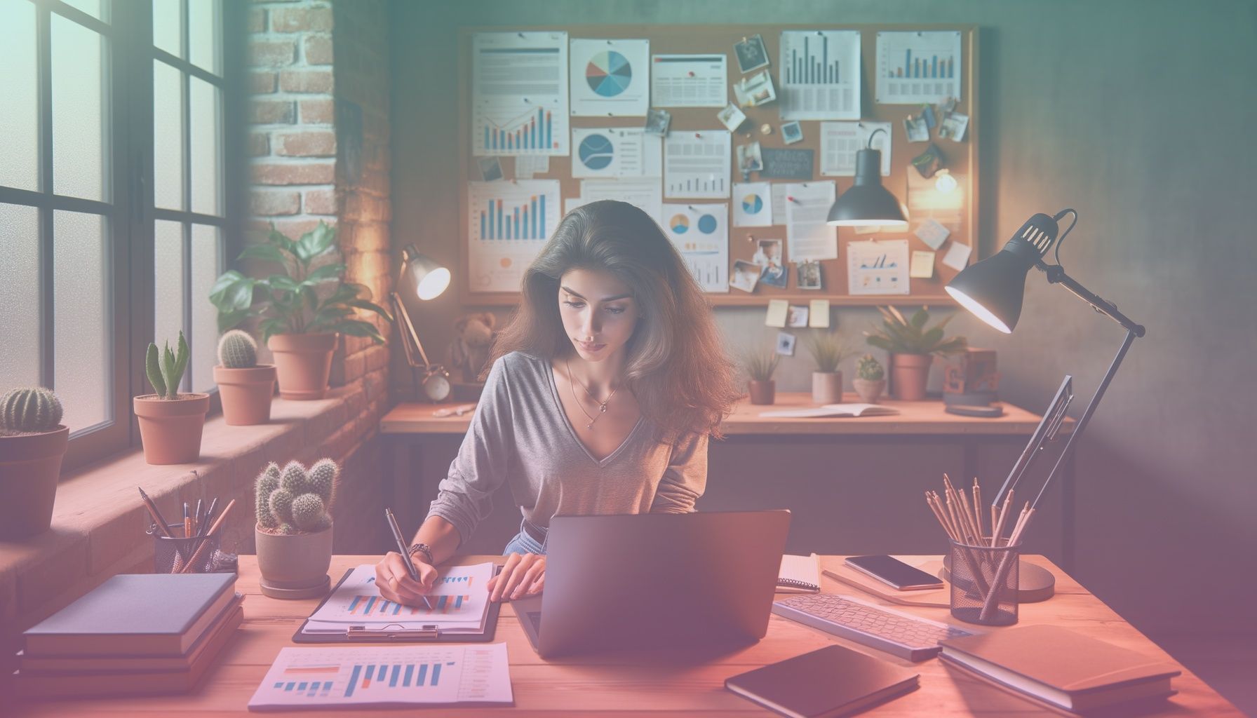 Bilgisayarı başında, odaklanarak Instagram analizleri inceleyen genç bir içerik üreticisi. working in a modern bir çalışma masasında, dizüstü bilgisayarı ve birkaç not defteriyle çevrili, canlı bitkilerin olduğu aydınlık bir ofis ortamı. arka planda mantar pano ve sanatsal posterler.. Scene is lit with doğal gün ışığı ve hafif sarı masa lambası aydınlatmasıyla sıcak, motive edici bir ortam. atmosfer, odaklanma ve üretkenlik hissini artırıyor..