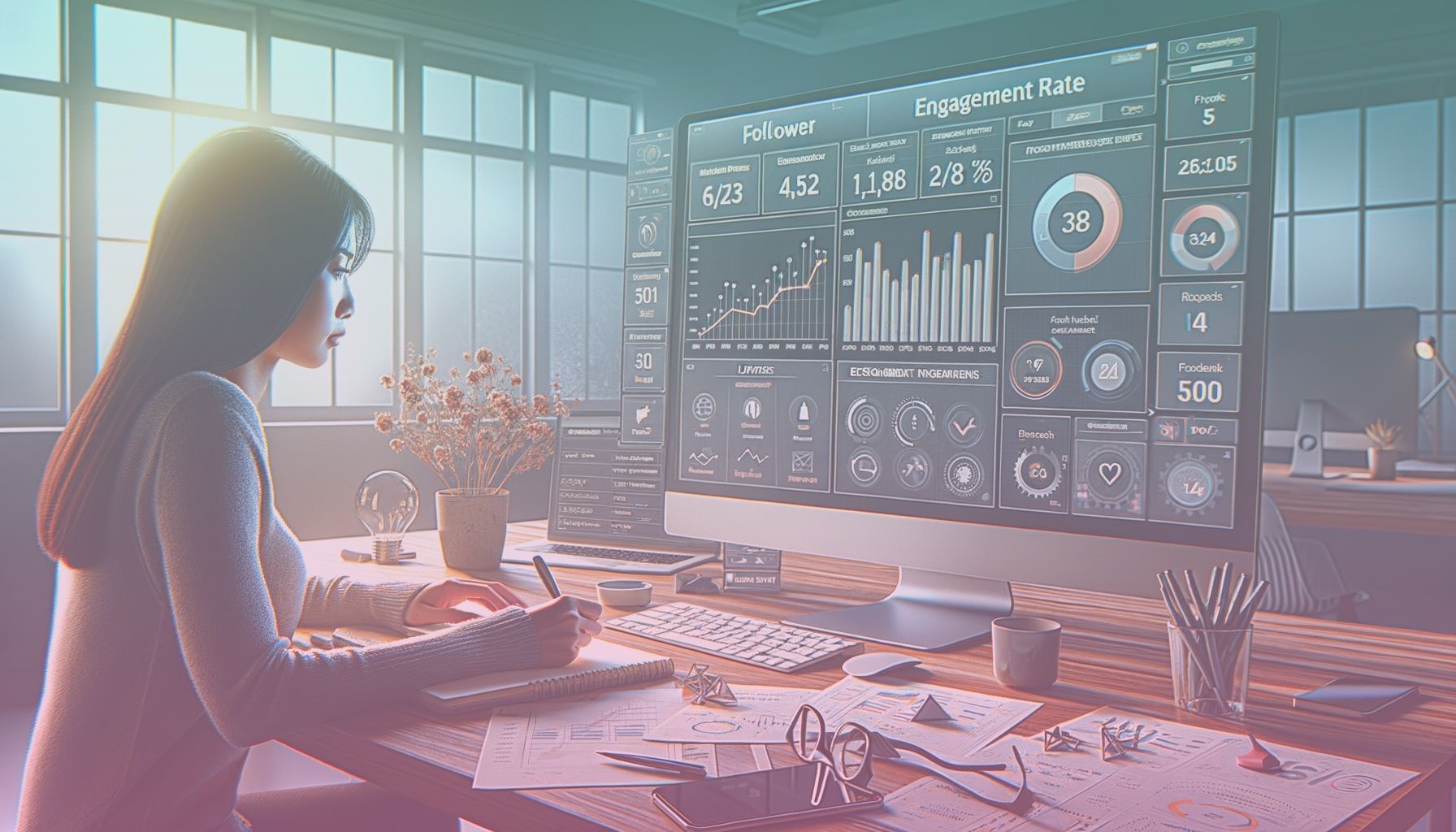 An Instagram analytics dashboard showing diverse data and engagement metrics prominently, depicting tools icons and graphs. working in a an organized digital workspace that complements the theme of social media strategy, with a modern desk, a laptop displaying the analytics dashboard on screen, and scattered notes representing strategic planning.. Scene is lit with bright, focused lighting that highlights the desktop and the strategist, casting minimal shadows for clarity. the atmosphere is professional and driven, reflecting the theme's focus on data-driven strategy..