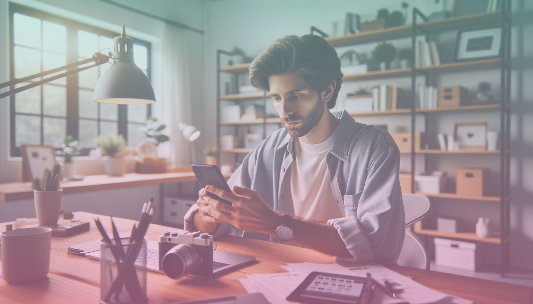 Bir sosyal medya influencerı, elinde akıllı telefonuyla, yaratıcı bir içerik üzerinde çalışırken. working in a modern bir home-office ortamı. aydınlık, düzenli ve profesyonel öğelerle dekore edilmiş, masada bir dizüstü bilgisayar ve kitaplar.. Scene is lit with doğal gün ışığı, sıcak ve aydınlık bir ton sağlıyor. arka planda hafif gölgeler, konuya odaklanmayı artırıyor..