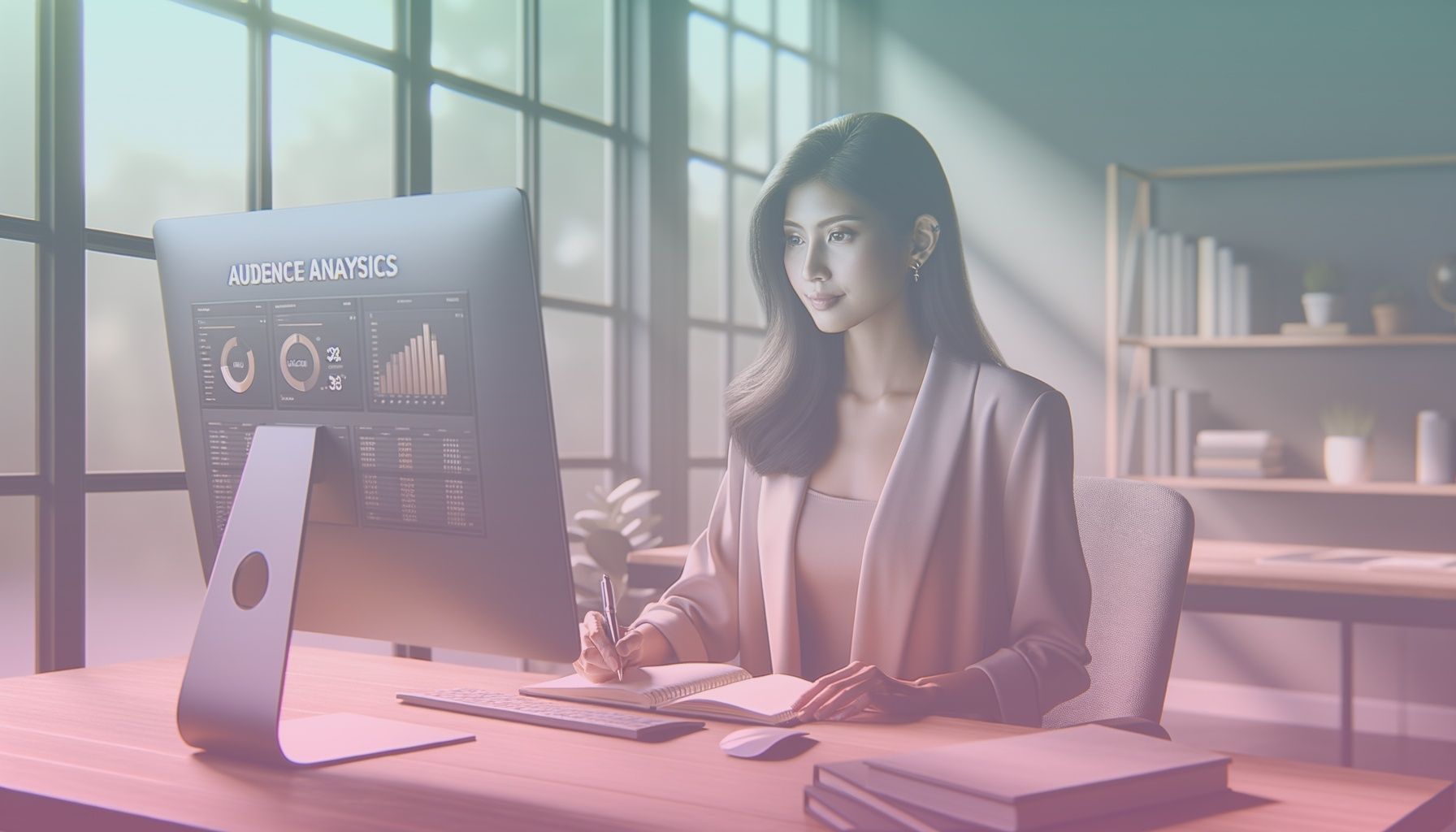 A marketing analyst at a desk facing a digital dashboard filled with audience analytics data. working in a a modern office space with a sleek computer setup. the room features soft, neutral tones and large windows, casting natural light onto the workstation. the surrounding décor is minimal, with a bookshelf containing business and marketing books.. Scene is lit with natural lighting emphasized by the room’s windows provides a bright yet soft atmosphere, reflecting a professional and focused work environment. shadows are minimal, creating a clean and inviting space..