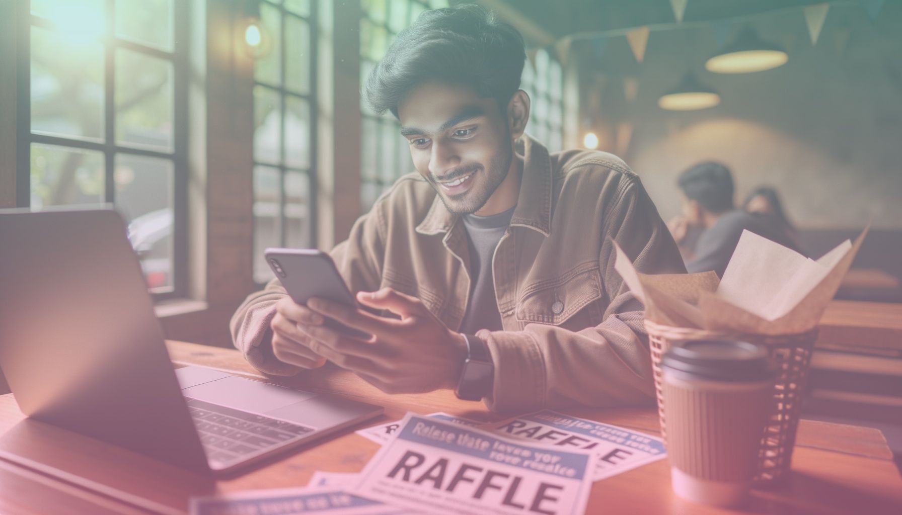 Bir telefon ya da tablet kullanarak sosyal medya üzerinde bir çekilişe katılan genç bir kullanıcı. working in a rahat bir iç mekan, belki bir kafe ortamı, masada kahve fincanı ve dizüstü bilgisayarla sosyal bir ortam. masanın üstü çekiliş afişleriyle dolu.. Scene is lit with sıcak ve davetkar bir ışık, kişinin yüzünü vurgulayacak doğal gün ışığı, hafif gölgelerle canlı bir atmosfer..