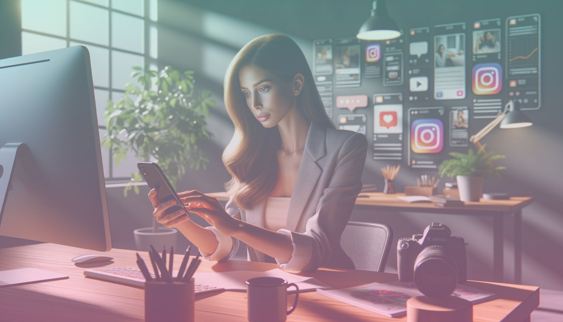 A young digital marketer holding a smartphone displaying vibrant Instagram Stories, reflecting focused engagement and creativity. working in a in a modern office space with stylish decor, featuring plants and technology gadgets, the setting is vibrant yet professional, reflecting innovation and social media strategy.. Scene is lit with soft, natural lighting enhances the authenticity and focus of the scene, adding warmth and clarity that aligns with creativity and modernity. shadows are subtle, highlighting key details..