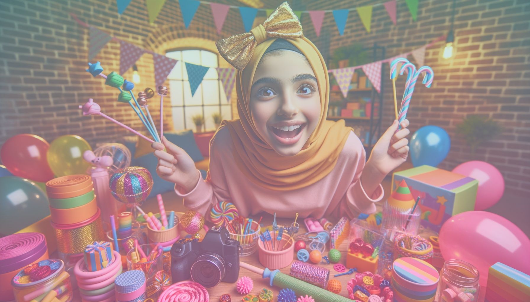 A charming child influencer interacting with brightly colored party supplies, showcasing an authentic and engaging presence. working in a a lively and vibrant party setting filled with balloons, streamers, and an assortment of intriguing party supplies. the space is bright and cheerful, with decor reflecting a playful atmosphere that resonates with children.. Scene is lit with warm, natural lighting that highlights the colors and textures of the party supplies. the atmosphere is lively and cheerful, aligning with the festive theme, with gentle shadows and highlights adding depth and realism..