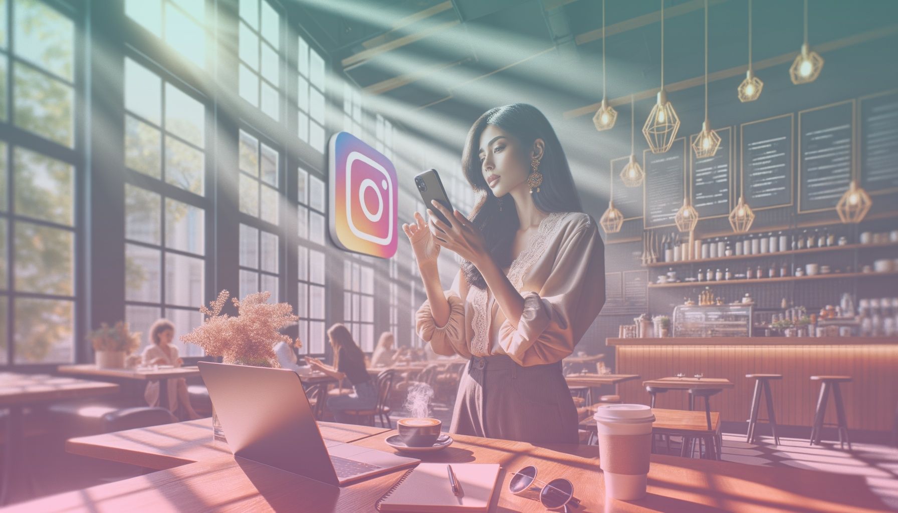 An enthusiastic influencer holding a smartphone, symbolizing digital promotion and engagement on Instagram, with distinctive style and creativity. working in a set in a trendy café with modern decor, featuring an instagram-worthy backdrop. elements like coffee cups and a sleek laptop create a professional yet inviting ambiance, emphasizing digital and social interactions.. Scene is lit with natural daylight streaming through large windows, casting soft shadows and creating a vibrant atmosphere. the overall tone is energetic and modern, aligning with the dynamic nature of social media..