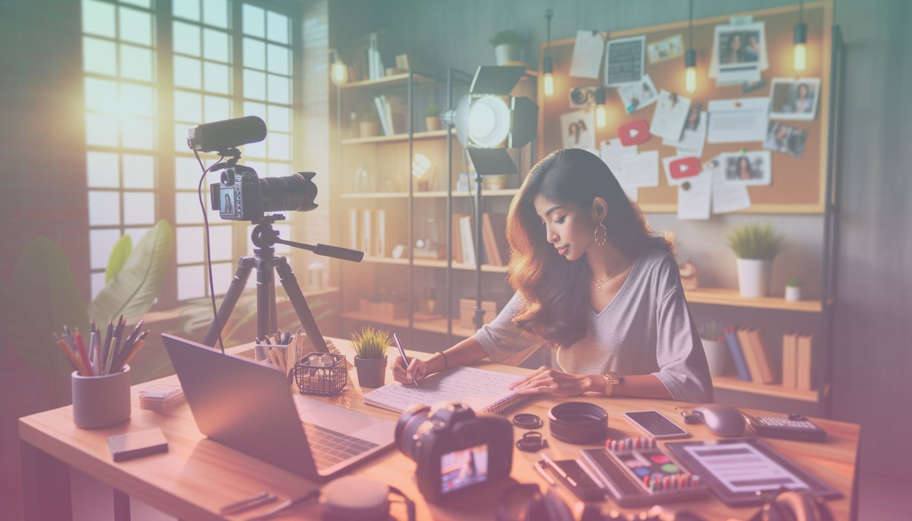 A content creator setting up a YouTube channel at their workspace. Main features include a laptop, camera, and production notes, embodying the start of a creative journey. working in a a modern home office filled with creative tools like a camera on a tripod, lighting equipment, and a mood board. the environment reflects an organized and inspiring workspace with vibrant color schemes and motivating quotes on walls, portraying a realistic and dynamic ambiance.. Scene is lit with warm, natural lighting streams through a window, casting soft shadows that create depth. the atmosphere is vibrant yet focused, mirroring the creative energy of setting up a new venture..