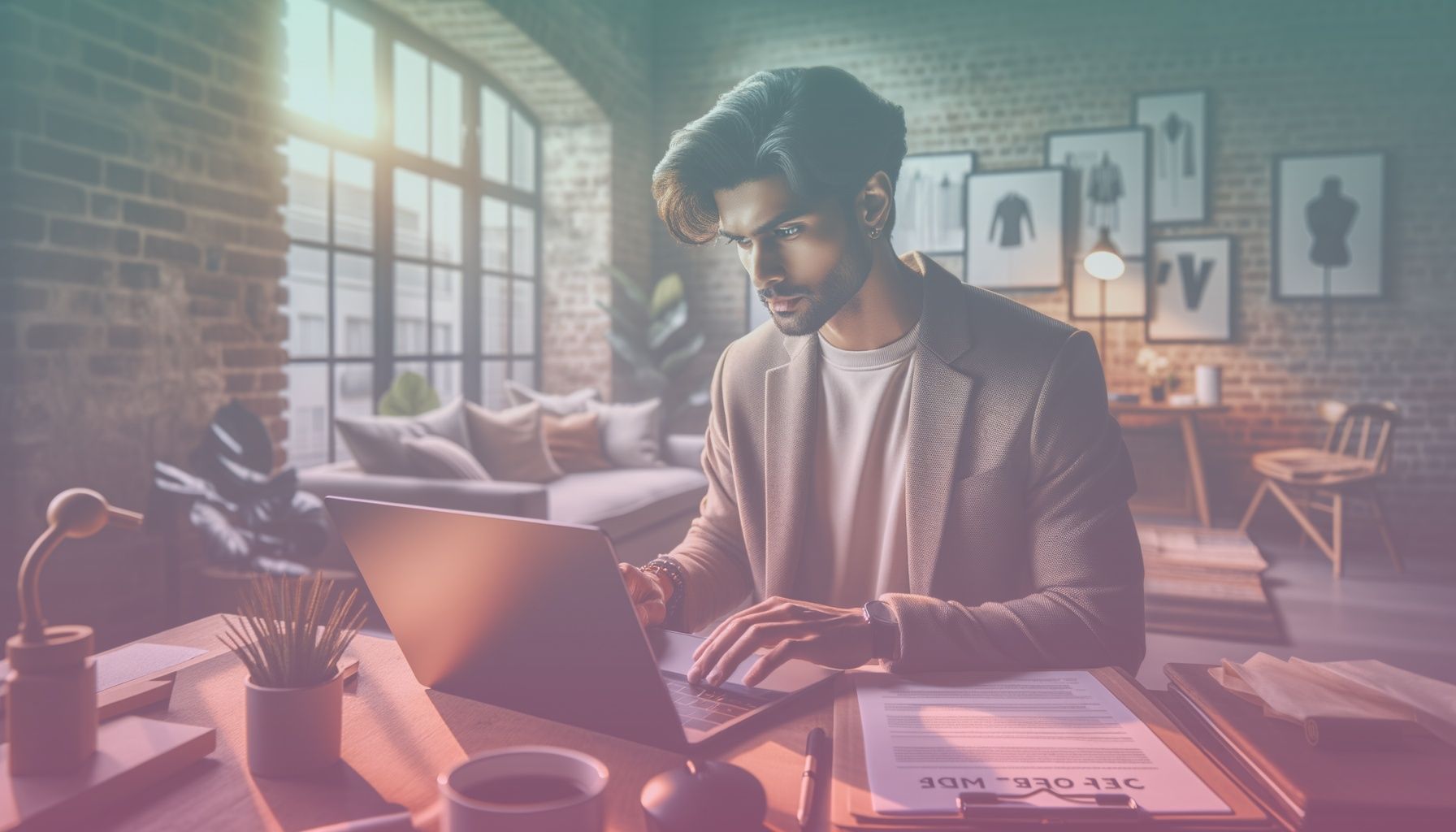 A trendy, visually appealing influencer with an open laptop scrutinizing Trendyol’s career page, showcasing professionalism and opportunity. working in a in a modern urban apartment, featuring trendy decor, vibrant plants, and a minimalist desk setup to suggest career focus. the laptop emits a soft glow, sitting beside a notepad and coffee mug, emphasizing a blend of casual and professional environment.. Scene is lit with soft, natural daylight streaming through a window, creating warmth and clarity. it heightens the engaged and optimistic ambiance, aligned with themes of growth and opportunity..