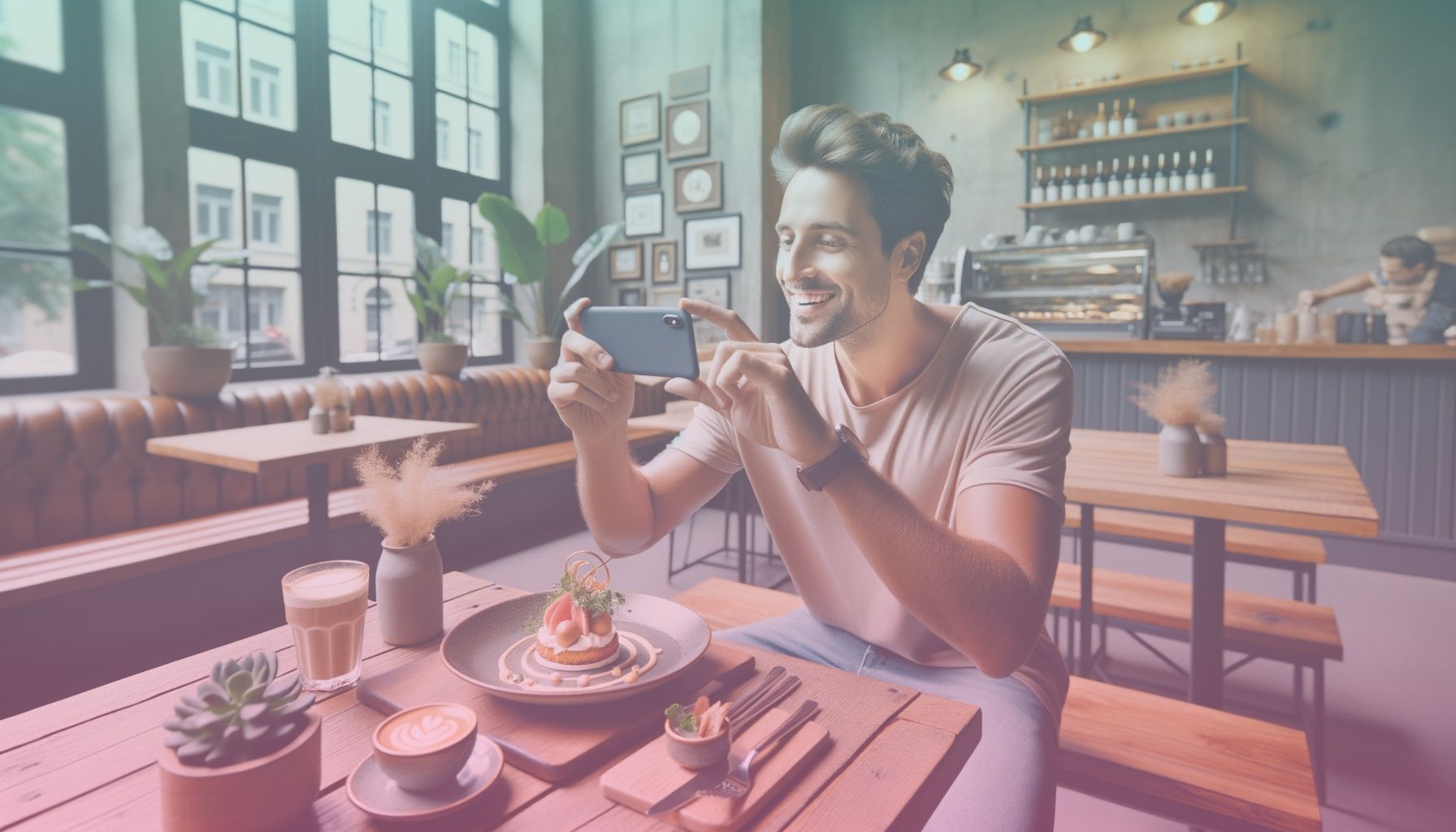 A well-known food influencer enthusiastically engaging with a gourmet dish in an upscale coffee shop setting. working in a a cozy yet modern cafe with a warm ambiance, large windows letting in natural light, and rustic wooden tables. the influencer is sitting at a table against a tastefully decorated wall with plant accents. small items like a branded cafe menu, artisanal coffee cups, and culinary awards subtly enhance the setting’s credibility.. Scene is lit with bright natural light highlighting the influencer’s enthusiastic expression and the dish’s details. the atmosphere is vibrant and welcoming, inviting viewers to explore the cafe through digital content..