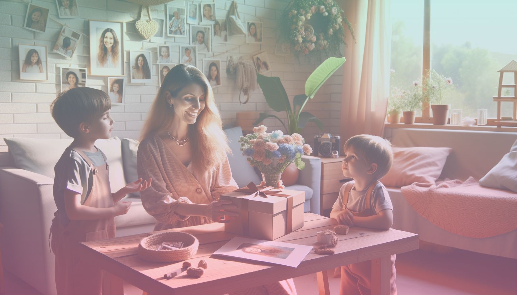 Bir influencer annenin, Anneler Günü için bir ürünü tanıtırken çekilmiş samimi bir anı. working in a mevsimsellik ile uyumlu sıcak bir iç mekan. anne, çocuklarıyla mutlu bir şekilde vakit geçirirken doğal ürünlerden oluşan bir hediye paketi sunuyor. çevrede aile fotoğrafları, çiçekler ve ev atmosferine uygun aksesuarlar dikkat çekiyor.. Scene is lit with işıklandırma, doğal gün ışığını andıran aydınlatmalarla sıcak ve davetkar bir atmosfer oluşturuyor. anne ve çocukların yüzlerine düşen hafif gölgeler sahneyi daha da gerçekçi kılıyor..