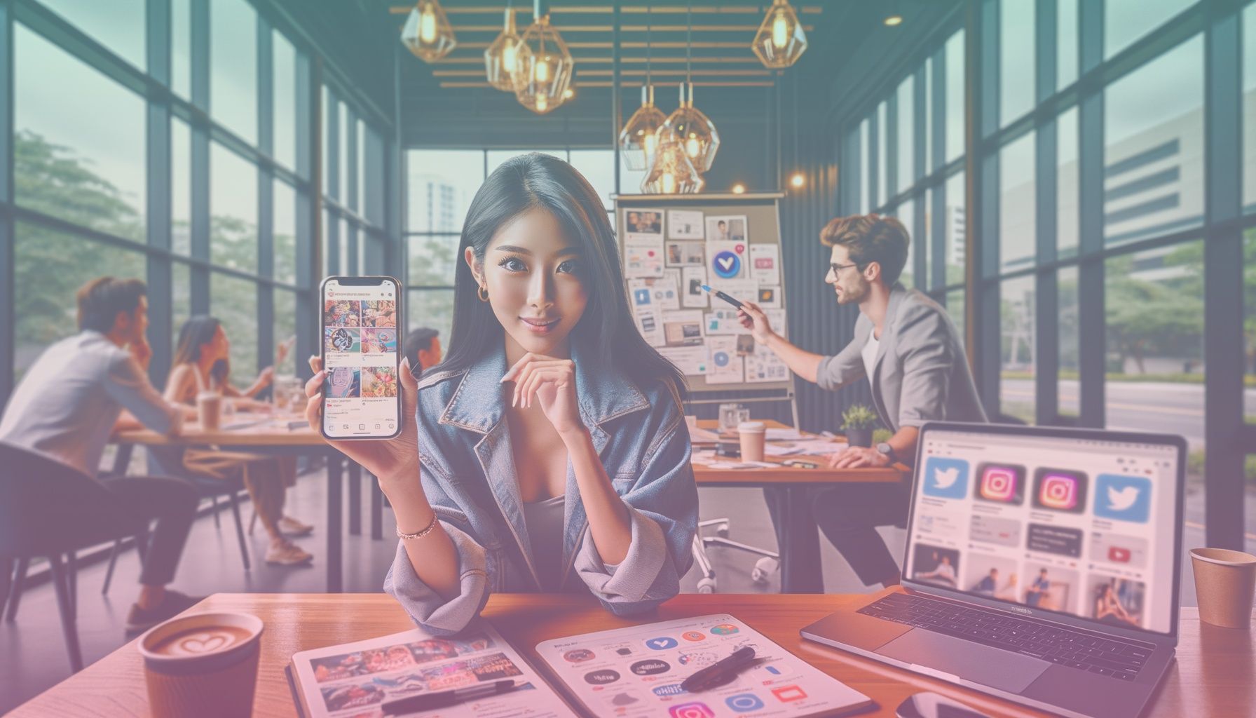 A dynamic influencer holding a smartphone showing an Instagram feed with vibrant ads. working in a the scene features a modern, sleek office space with digital marketing tools visible on a desk, like a laptop displaying social media dashboards. the environment is professional, reflecting a digital marketing workspace where technology and creativity intersect.. Scene is lit with natural daylight floods the room through large windows, casting soft shadows that create a vibrant and creative atmosphere, reflecting the energy of the digital marketing scene..