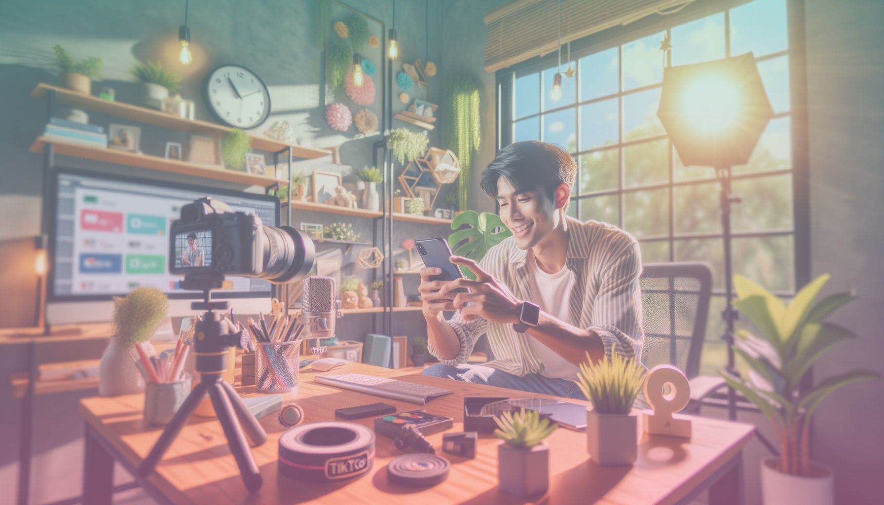 A young influencer using a smartphone, interacting energetically with TikTok app interface, symbolizing content creation and marketing. working in a in a modern, cozy home office setting with a sleek desk, colorful décor, and natural elements, reflecting a creative and professional atmosphere. the environment showcases branding materials and product samples, adding context to digital marketing efforts.. Scene is lit with bright natural lighting fills the room, complemented by focused artificial lights highlighting the influencer. the atmosphere is vibrant and dynamic, reflecting the energetic tone of content marketing..