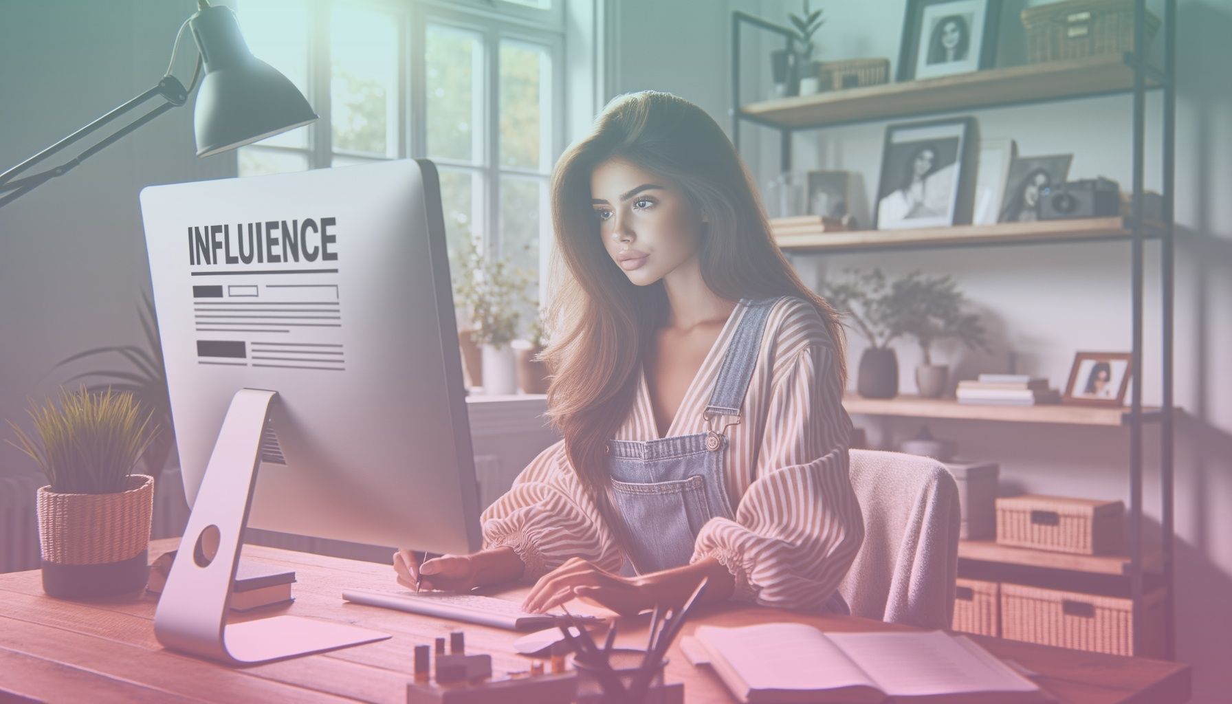 A young influencer at a computer desk, checking an agency’s website. working in a a modern, tidy home office with personal and digital branding elements around, offering a vibrant yet organized setting that reflects an influencer's professional environment.. Scene is lit with bright, natural light through a window illuminates the scene, creating a fresh and motivated atmosphere that complements the content's empowering tone..