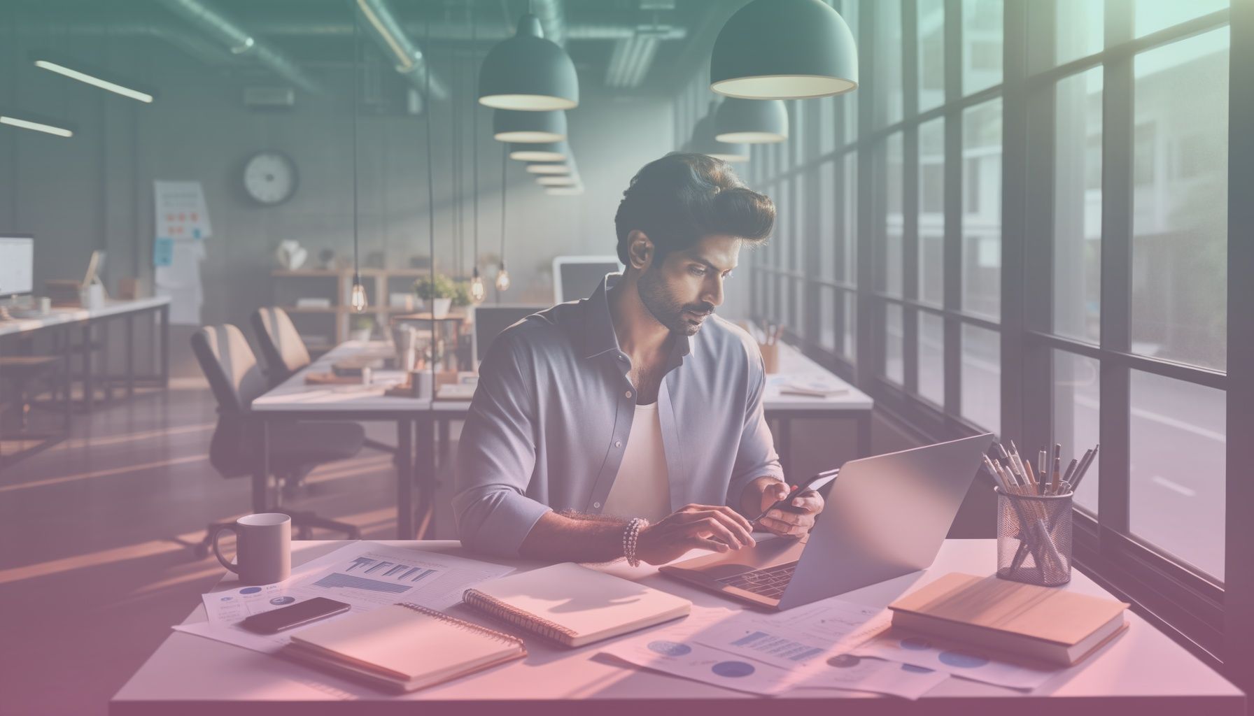 A modern entrepreneur sitting at a desk with multiple devices, portraying a sense of connectivity and multitasking. working in a in a contemporary office space with natural light flooding through large windows. a neat desk scattered with notebooks, a smartphone, and a laptop, creating a professional yet creative atmosphere. the environment should enhance the idea of productive content creation.. Scene is lit with the office is well-lit with soft natural light, casting gentle shadows and highlighting the vibrant atmosphere. the scene should feel inviting and energetic, matching the creative and focused tone of content creation..