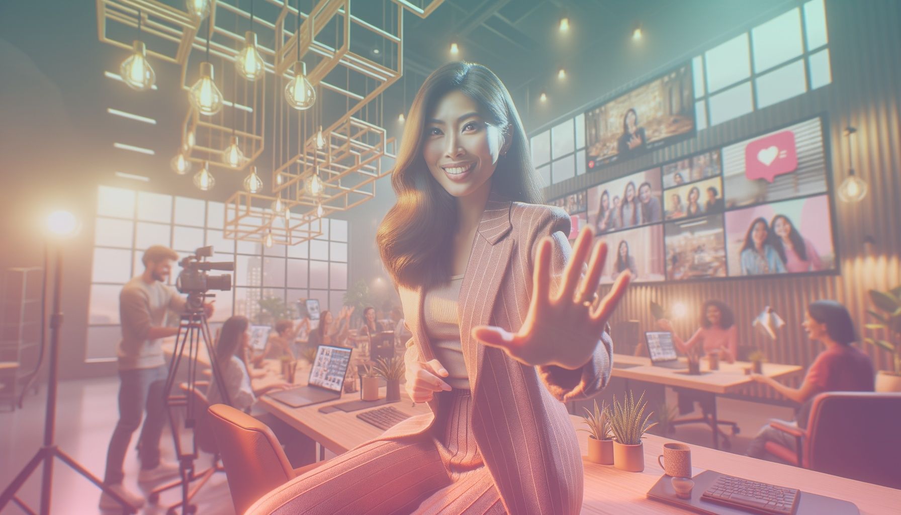 A charismatic foreign influencer engaging with a diverse digital audience, displaying energy and confidence. working in a a modern co-working space with vibrant, digitally-oriented design elements, such as screens displaying social media interactions, comfortable seating, and minimalist decor, enhancing the influencer's engagement with the audience.. Scene is lit with bright, warm lighting emphasizes a dynamic and inviting atmosphere, with soft shadows adding depth. the scene carries a vibrant, optimistic tone reflecting the influencer’s engaging interaction..