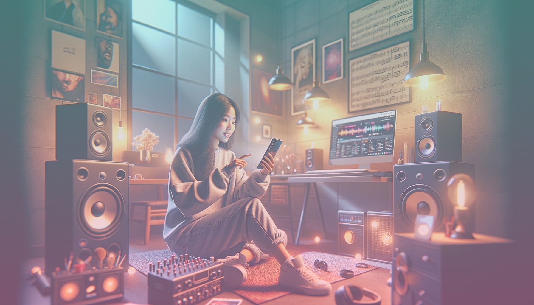 An Instagram influencer holding a smartphone, showing a music-sharing app interface. working in a a modern, creatively decorated home studio with speakers, a laptop, and ambient light. the room has a relaxed but professional vibe, with music notes and posters on the walls adding character.. Scene is lit with warm, ambient lighting with gentle shadows to create an inviting and creative atmosphere that reflects the energy of creating and sharing music online..