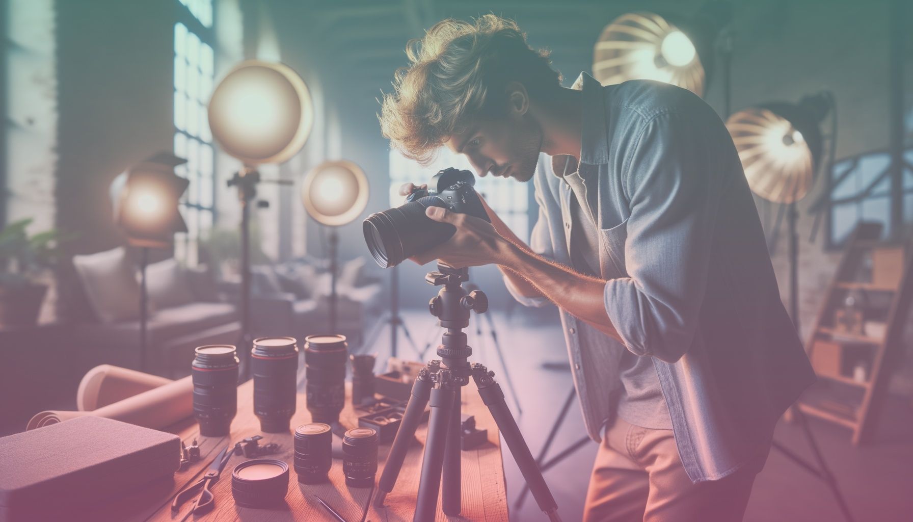 A photographer or videographer carefully adjusting their camera equipment, showcasing lenses and accessories prominently. working in a an inviting studio or scenic outdoor location, filled with organized equipment like cameras, tripods, and lighting accessories, providing a professional yet approachable vibe.. Scene is lit with soft, diffused lighting casting gentle shadows; a warm, inspiring atmosphere that is both focused and creative..