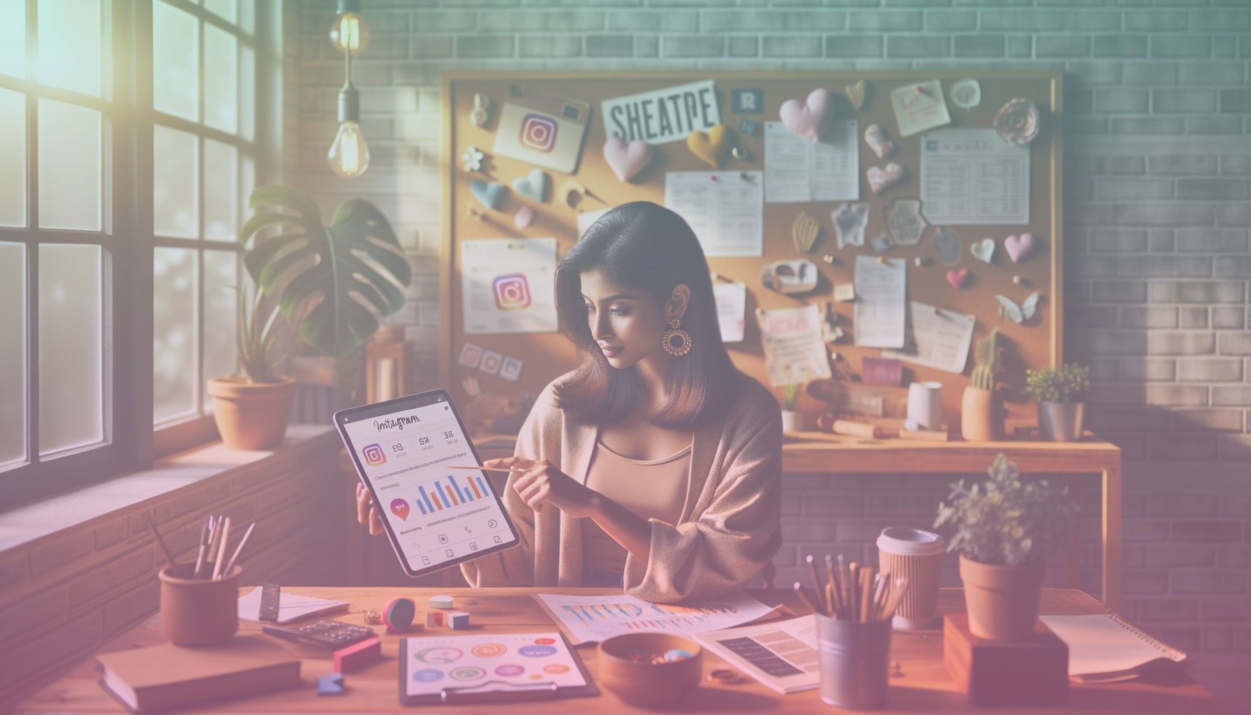 A young digital marketer, symbolizing the audience, with a tablet displaying Instagram analytics. working in a a cozy, well-lit home office setting with vibrant decor and a corkboard with pinned notes and strategies behind the subject, reflecting a creative and professional ambiance.. Scene is lit with soft, natural lighting that casts gentle shadows, creating an inviting and motivational atmosphere..