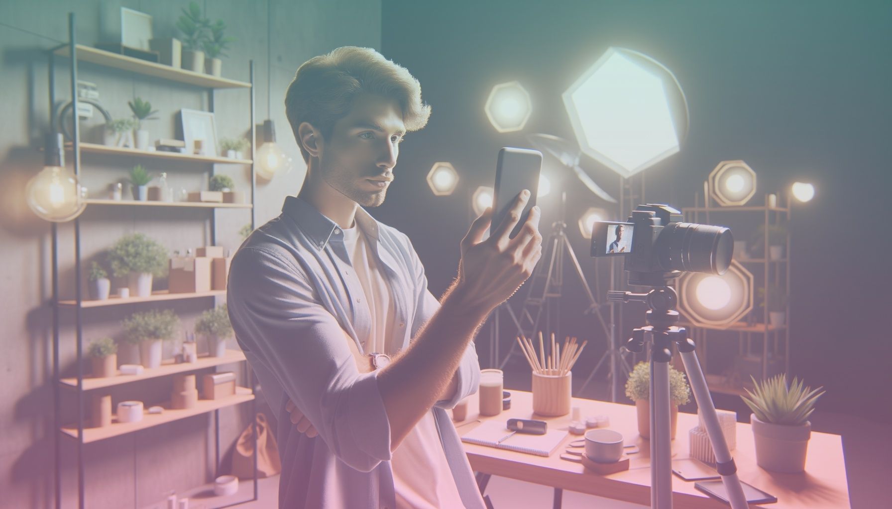 A social media influencer, representing a modern yet relatable image with stylish attire and engaging posture, filming a short Instagram video. working in a an aesthetically pleasing indoor setup with natural lighting, featuring a well-organized desk, plants, and a backdrop that complements the influencer's style. the environment mirrors a content creator's space, emphasizing creativity and connectivity.. Scene is lit with soft, natural lighting highlights the influencer's features and equipment, casting gentle shadows to maintain a realistic and inviting atmosphere. the ambiance is energetic and insightful, aligning with the blog's theme of engagement..