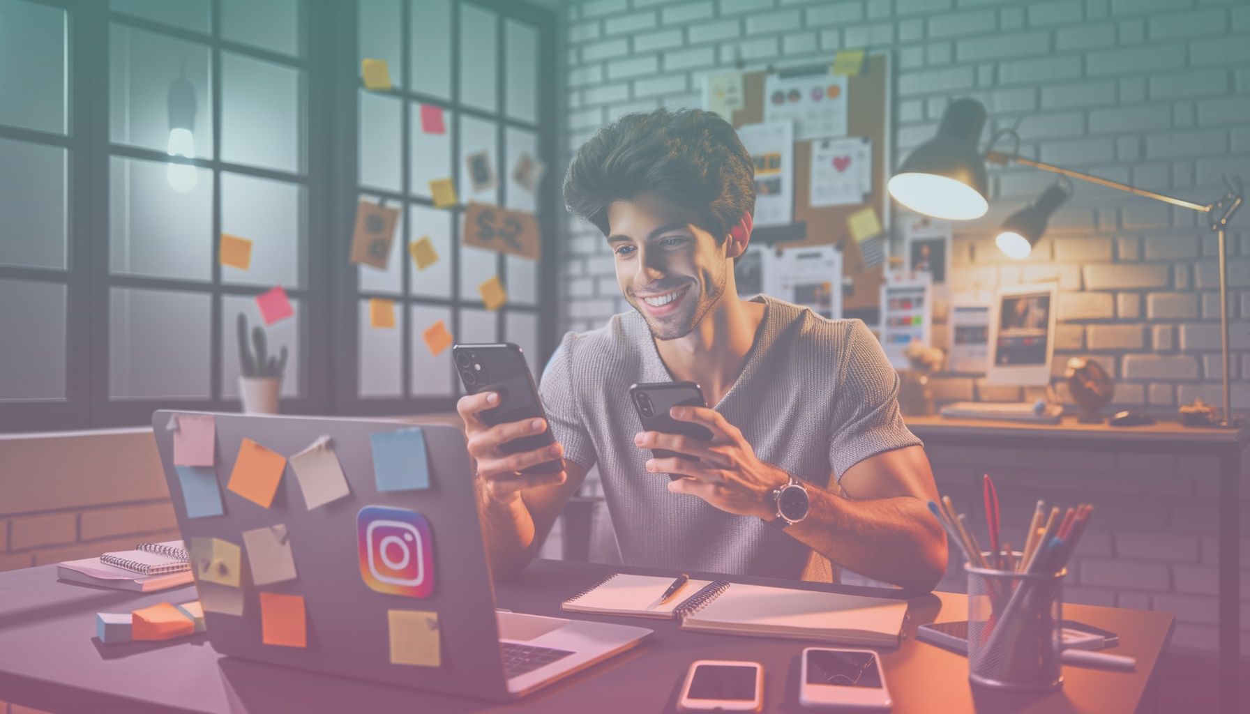 Genç bir influencer, telefonunda Instagram üzerinden kampanya planlarken. working in a modern bir ofis odası, çalışma masasında dizüstü bilgisayar ve akıllı telefonlar, etrafta not defterleri ve renkli post-it notlar.. Scene is lit with loş ve doğal ışık, influencer'ın yüzünü ve çalışma masasını aydınlatarak profesyonel ama samimi bir atmosfer yaratıyor..