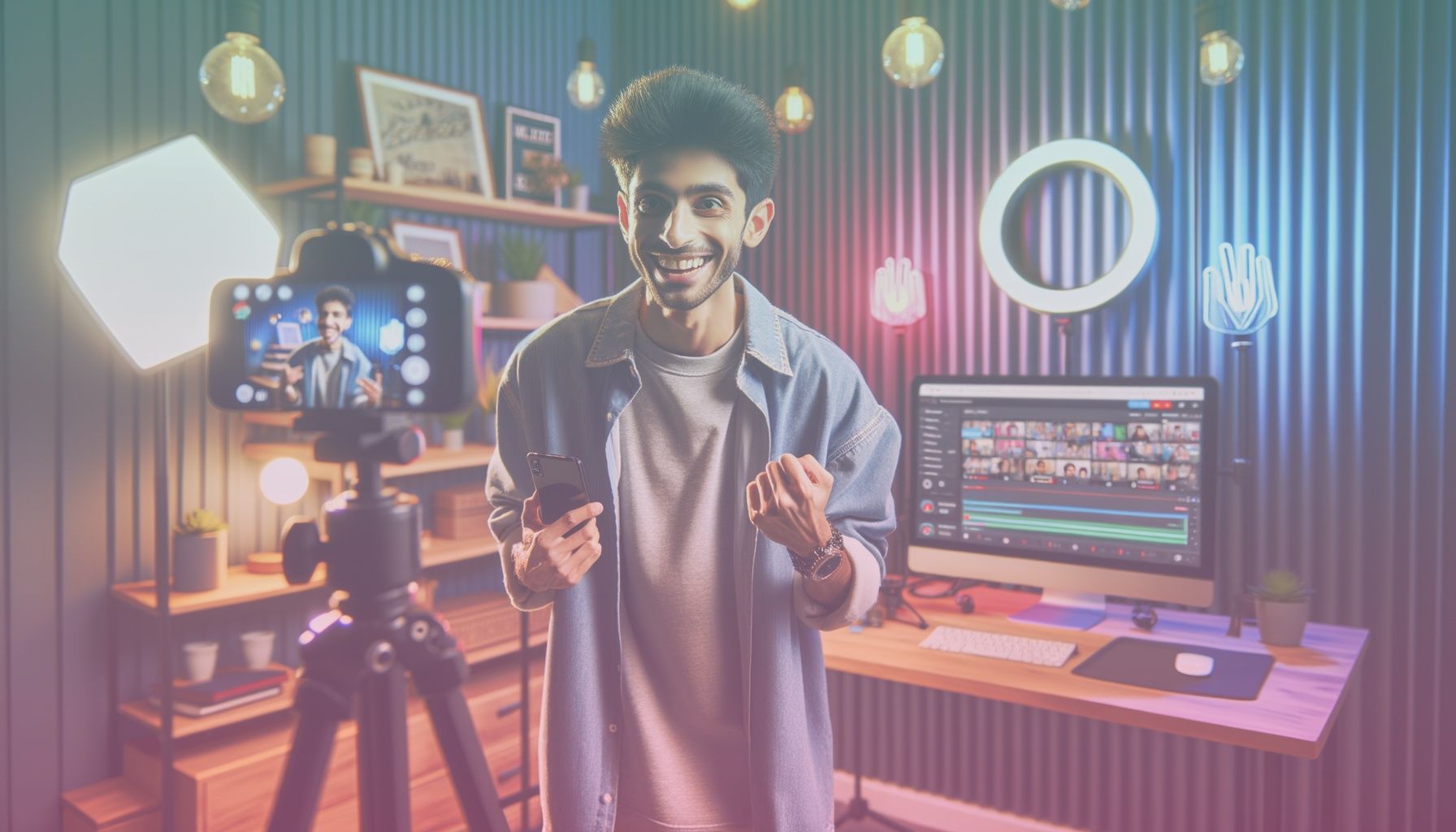 A young, enthusiastic content creator ready to start a TikTok Live session, holding a smartphone, with a tripod and ring light nearby. working in a a modern home studio setup specifically designed for social media content creation, with colorful lights and creative decorations that reflect the creator's personal style. the background features a desk with a laptop open to tiktok's live interface.. Scene is lit with vibrant, balanced lighting with a mix of natural and led lights, casting soft shadows and highlights to create an energetic and creative vibe that mirrors the lively nature of a live streaming environment..