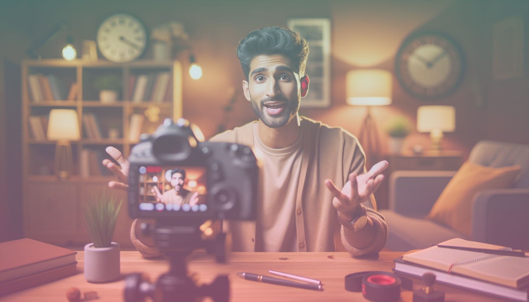 A charismatic YouTube influencer speaking passionately in front of a camera, surrounded by video equipment, evoking authenticity and engagement. working in a a cozy, professionally lit home studio setup with elements like books, decorative plants, and filming equipment, creating a welcoming yet businesslike atmosphere. the environment should amplify the influencer's role as a knowledgeable and relatable digital content creator.. Scene is lit with soft, natural lighting accentuates the influencer's features and creates a warm, inviting atmosphere, further reflecting an authentic and energetic tone..