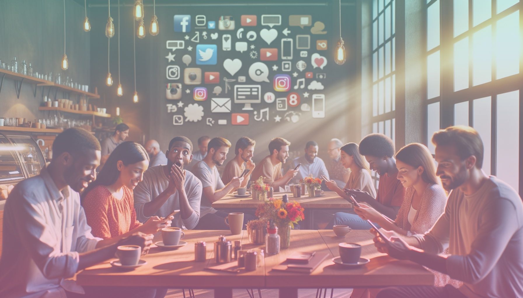 A group of diverse individuals engaging with smartphones and laptops, representing various social media platforms. working in a a modern, cozy cafe with a vibrant and inviting atmosphere; tables adorned with coffee mugs and notepads. the background subtly showcases different social media logos, creating a collage of digital interaction.. Scene is lit with the setting is bathed in warm, natural lighting that creates a cozy atmosphere, highlighting the warmth of personal connections made through social media. subtle shadows and highlights add depth to the overall composition..