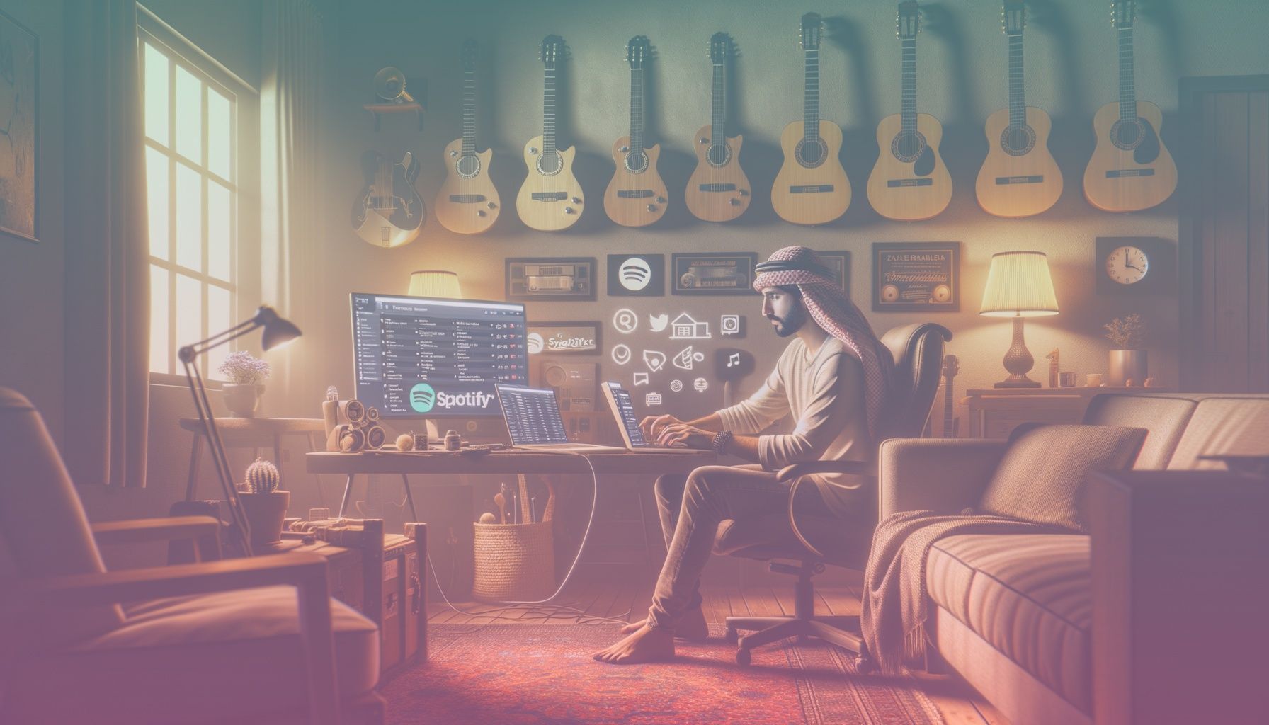 A musician seated in front of a laptop, with Spotify and social media icons floating around. working in a in a cozy home studio, with guitars on the wall and music awards visible, indicating a personal yet professional workspace. the room's warm lighting complements the creative atmosphere.. Scene is lit with soft, ambient lighting casts a warm, inviting glow, with highlights on the musician's face and subtle shadows adding depth. the atmosphere is creative and contemplative, mirroring the process of digital engagement..