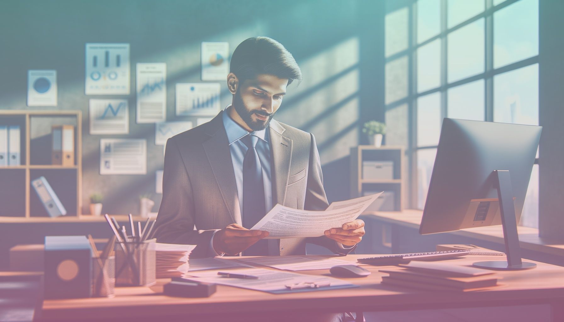 A business professional, representing those who require an istisna belgesi. working in a an office setting, featuring a desk with organized paperwork and a computer, symbolizing a structured and formal environment.. Scene is lit with natural daylight streaming through a window, creating a positive and inviting atmosphere with soft shadows..