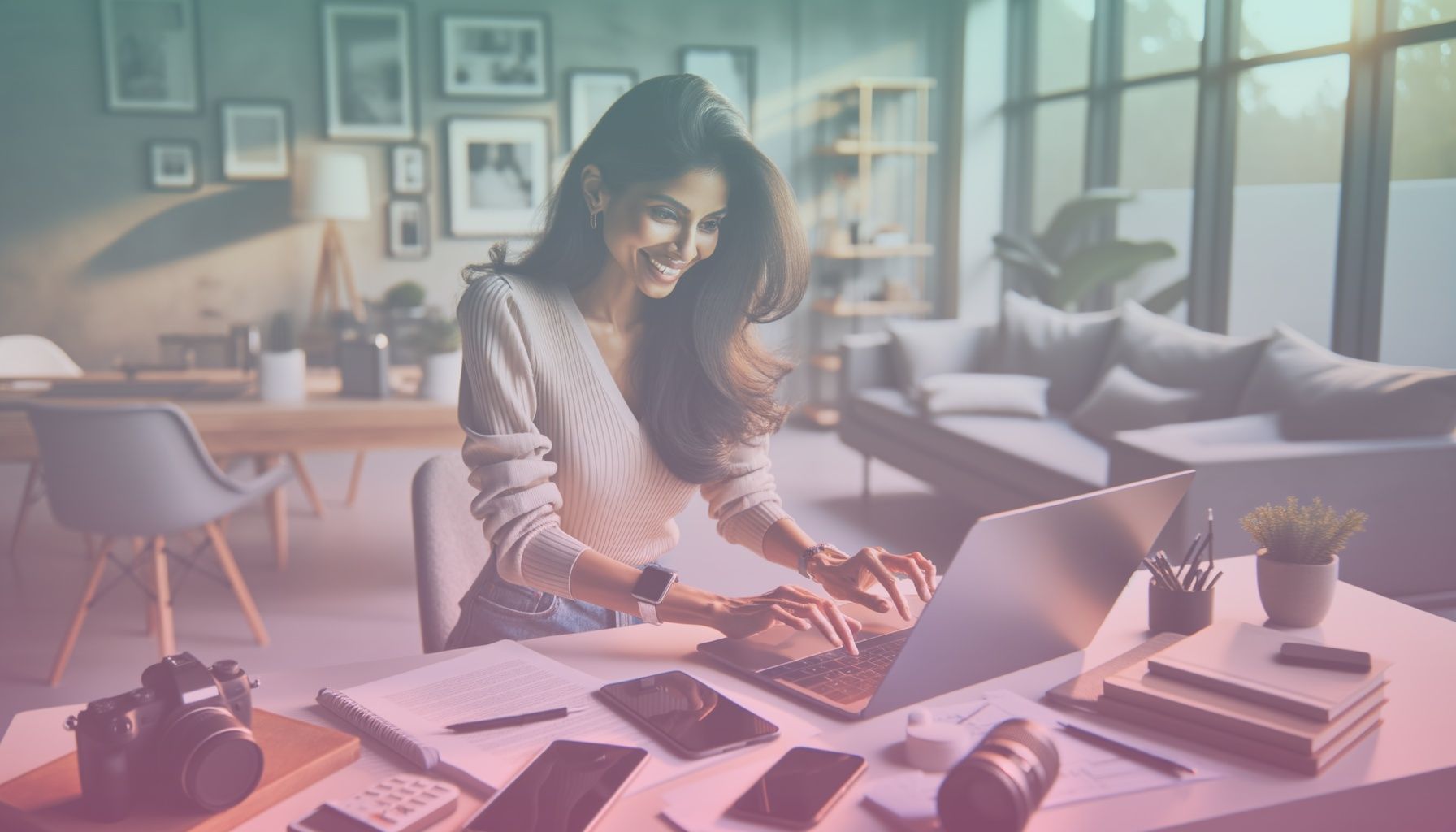 A dynamic influencer sitting at a modern desk, surrounded by mobile devices and notes, actively engaging with their audience. working in a a contemporary home office with sleek decor, large windows that let in natural light, and digital gadgets creating an interactive workspace.. Scene is lit with soft, natural daylight highlighting the surrounding modern decor, creating an inviting yet professional ambiance aligned with the blog's insightful tone..