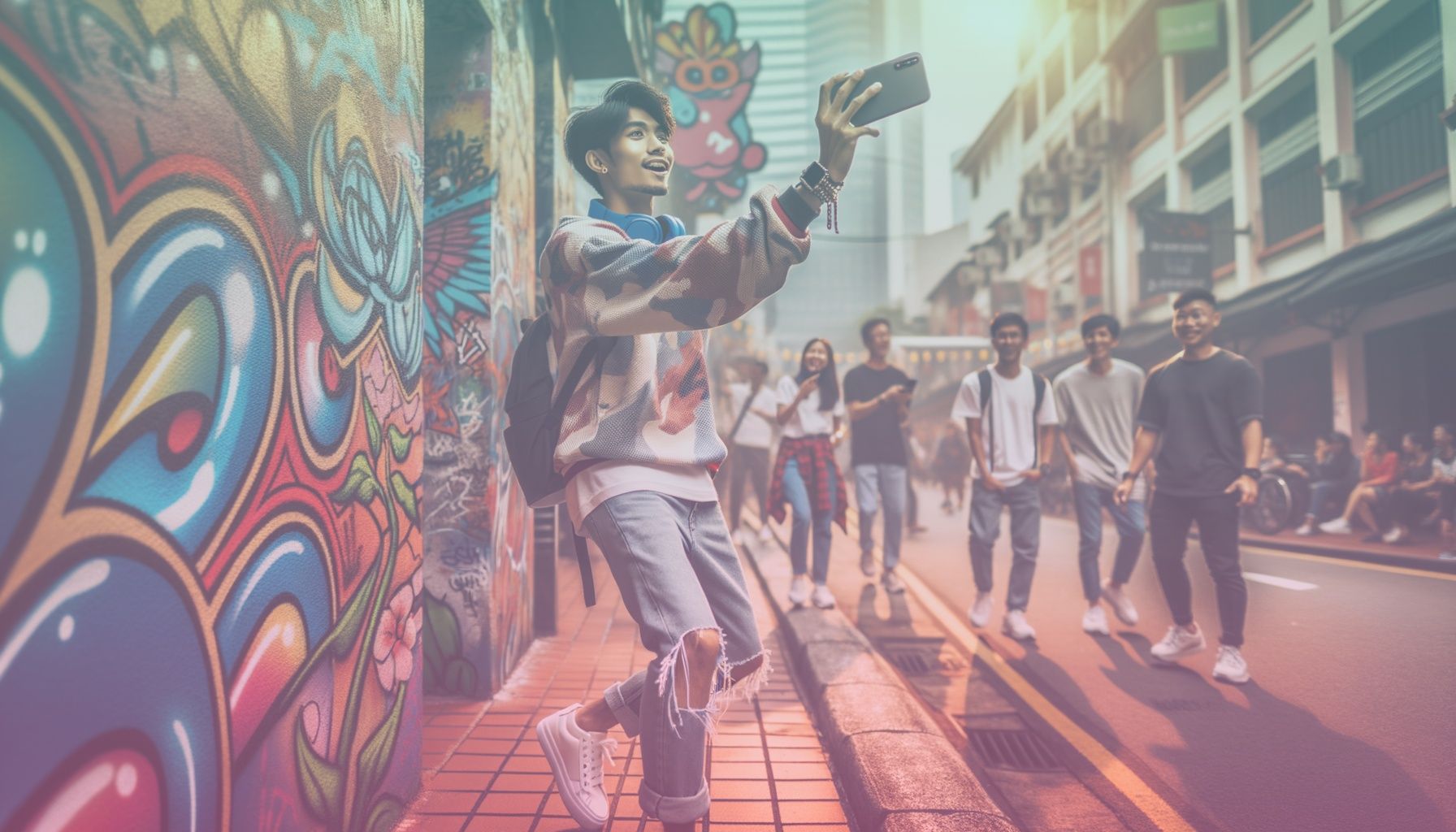 A young, dynamic content creator actively filming a TikTok video with a smartphone, dressed in trendy streetwear for authenticity. working in a an urban street scene with graffiti walls and bustling pedestrians, creating a vibrant and energetic backdrop. the environment adds context to the subject’s creative process, with bystanders curiously observing.. Scene is lit with natural daylight with warm tones highlighting the subject, enhancing the urban vibe. the atmosphere is dynamic and lively, aligning with the blog's theme of creativity and freshness..