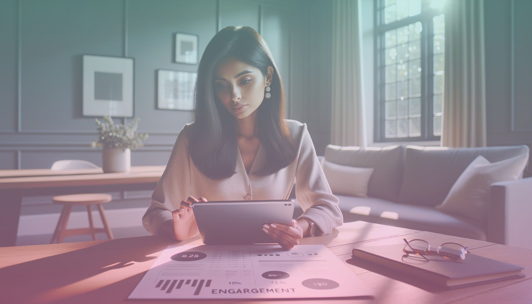 A social media influencer reviewing Instagram engagement analytics on a tablet, signifying online presence and strategy. working in a an inviting modern workspace with neutral tones and minimalist decor that enhances focus. the setting includes a cozy couch and a stylish table, creating a comfortable backdrop that adds context to the influencer’s activities.. Scene is lit with bright, natural lighting from a nearby window highlights the workspace, casting soft shadows. the atmosphere is vibrant yet calm, reflecting an energetic approach to content creation..