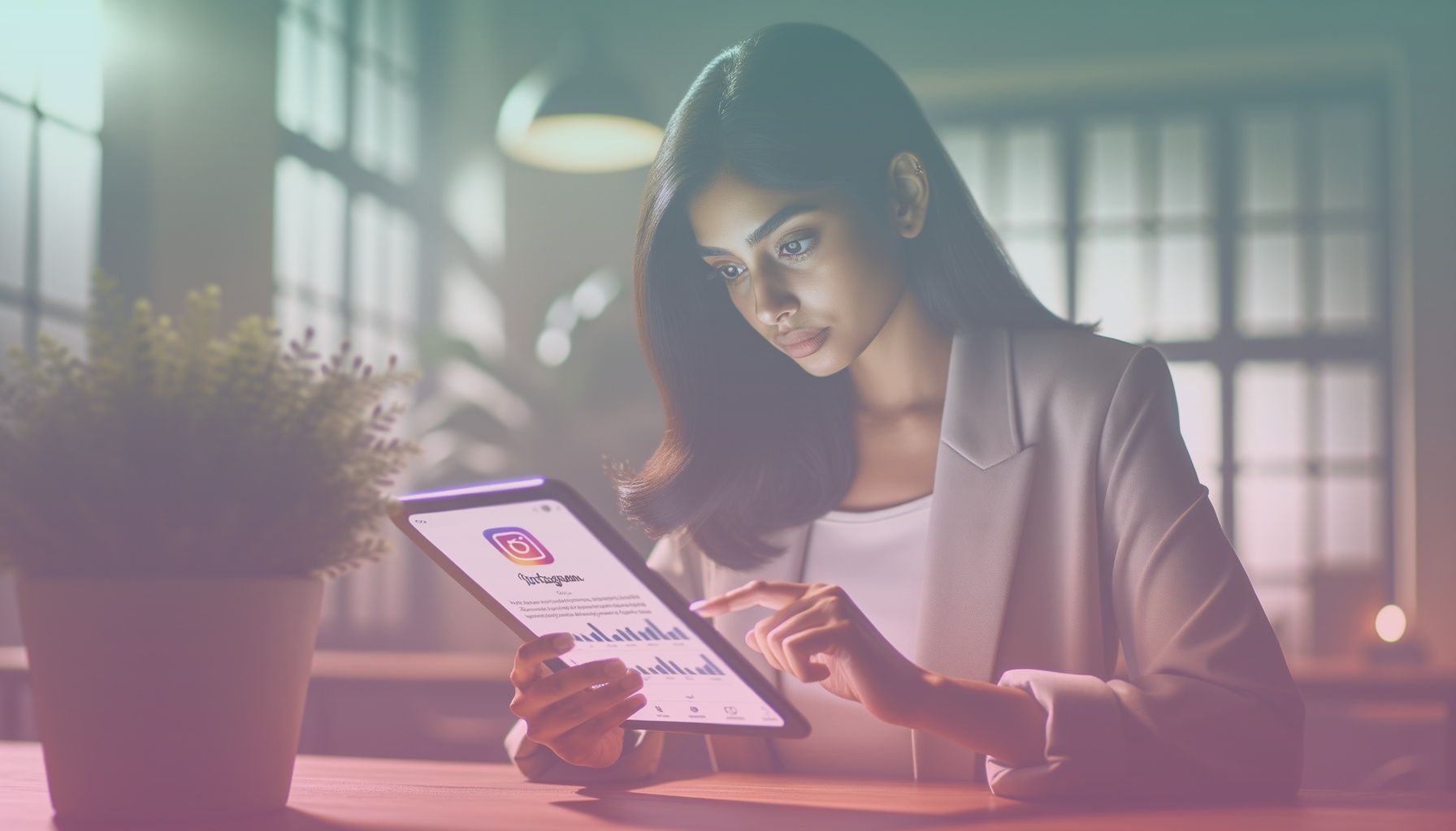 A young professional analyzing Instagram analytics on a tablet, demonstrating concentration and engagement. working in a in a modern office setting, with dim lighting that highlights the screen and several potted plants and contemporary furniture around, enhancing a serene yet professional ambiance.. Scene is lit with soft, focused lighting over the subject with darker ambient lighting around highlighting the screen glow, creating a contemplative and serious tone..