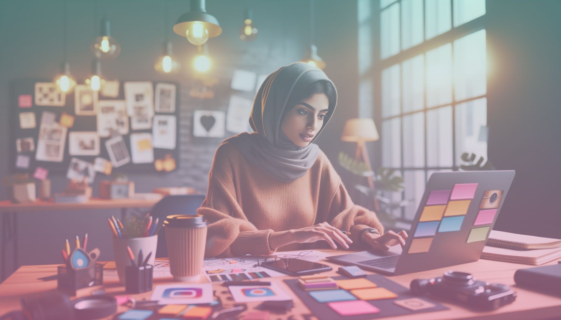 A social media manager thoughtfully crafting an Instagram story, featuring high-tech gadgets like a laptop and smartphone. The manager's face conveys focus and creativity. working in a a modern and cozy office space with contemporary decor. the room has large windows allowing natural light, with a stylish desk cluttered with creative materials like sketches, sticky notes, and a coffee cup.. Scene is lit with bright and vibrant natural lighting, creating a lively and inspiring atmosphere. the lighting highlights the subject's action and the colorful elements on the desk, matching the blog's energetic tone..