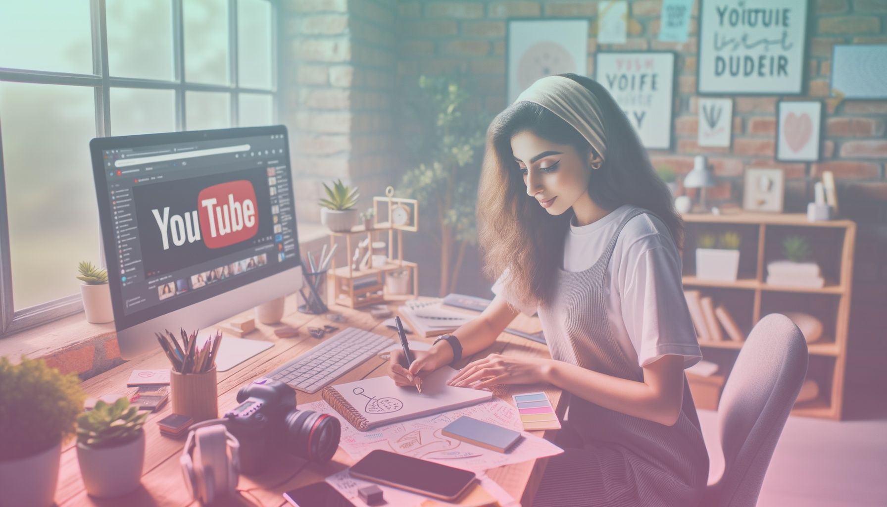 A young content creator enthusiastically planning their YouTube content strategy at a modern workspace. working in a an aesthetically organized home office with a computer desk, motivational posters, and tech gadgets. the environment should suggest creativity and productivity, blending home comfort with professional elements.. Scene is lit with bright and airy, resembling natural daylight. soft shadows cast around the workspace, highlighting a balanced, warm atmosphere that supports an optimistic, creative tone..