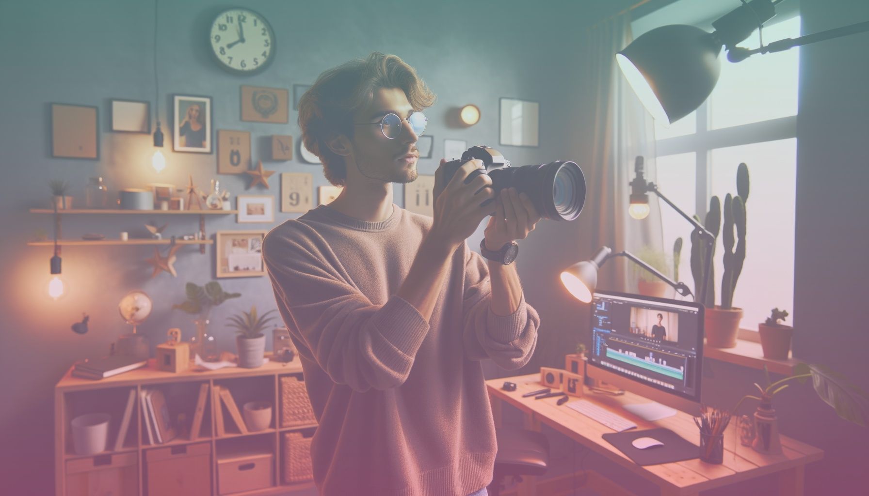 A young, aspiring content creator holding a camera, embodying the theme of innovation and passion for video creation. working in a in a modern, cozy home studio setup featuring a neat desk, professional lighting, a laptop open with video editing software, and creative decor. the environment should reflect a balance of professionalism and personal touch, illustrating a creator’s workspace.. Scene is lit with soft, natural lighting illuminating the subject with subtle shadows, creating an inviting and motivational atmosphere. the setup feels welcoming and energetic, aligned with the fresh start theme..