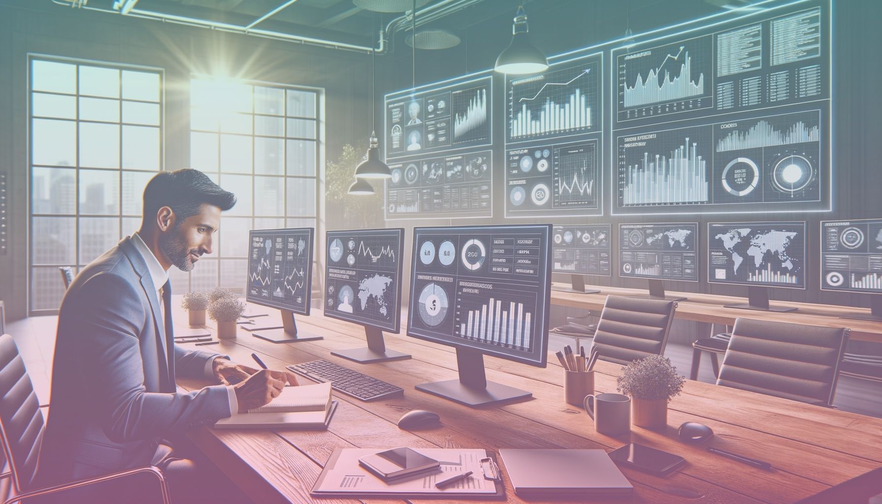 A business analyst intensely observing social media analytics dashboards on multiple monitors. working in a in a modern, sleek office environment filled with digital screens and analytics graphs. the room is organized with a minimalistic yet professional aesthetic, creating an attentive vibe. a large conference table scattered with notepads, pens, and coffee mugs adds realism.. Scene is lit with bright, natural light suffuses the room from large windows, highlighting the analyst and monitors. the atmosphere is dynamic and intellectual, encouraging thought and analysis..