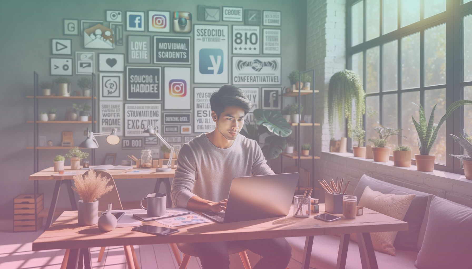 A determined and creative young person poised in front of a laptop and phone, prominently showcasing social media icons in the background, symbolizing the influencer's world. working in a the scene is set in a bright and modern home office with a large desk, motivational posters, plants, and soft furnishings, creating a warm and inspirational atmosphere that reflects a welcoming and creative workspace.. Scene is lit with the lighting is natural and inviting, with soft shadows and warm tones that enhance the creative and motivational ambiance. this aligns perfectly with a vibrant and energetic mood, ideal for brainstorming and content creation..