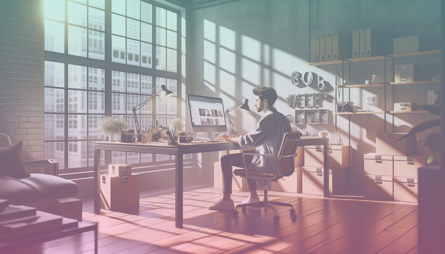 An influencer seated at a polished desk with a laptop, surrounded by various branded products, symbolizing the promotion aspect. working in a a modern, stylish office setting with natural light streaming through large windows. the desk features a neat arrangement of tech gadgets and product samples, indicating a professional yet welcoming atmosphere.. Scene is lit with bright, natural lighting with soft shadows adding depth and dimension. the atmosphere should feel energetic yet professional, encapsulating the vibrant rhythm of influencer marketing..