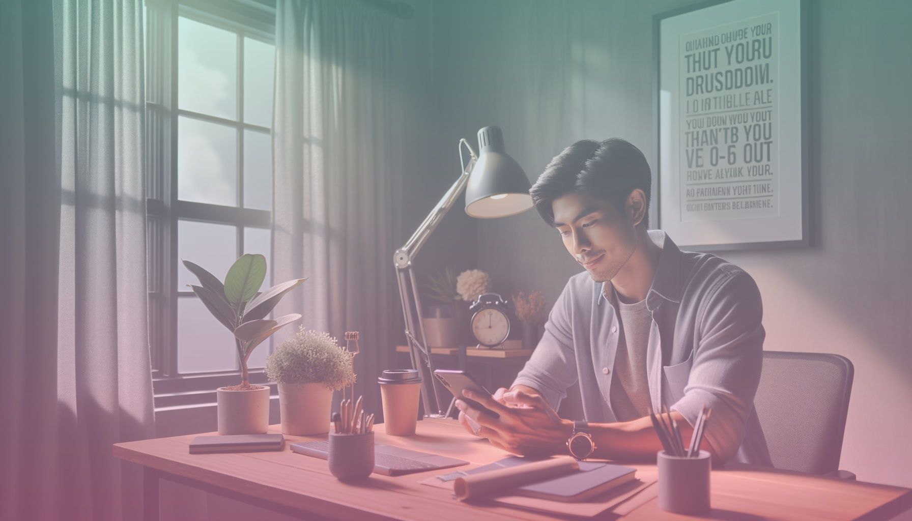 A social media influencer thoughtfully engaging with followers through a smartphone, wearing stylish casual attire that reflects a trendy persona. working in a a cozy and stylish home office filled with modern decor elements like a sleek desk, a potted plant, and a motivational quote on the wall. this inviting setting highlights creativity and interaction.. Scene is lit with soft, natural lighting streaming from a nearby window, casting gentle shadows to create a warm and welcoming atmosphere, enhancing focus on the influencer's expressions and actions..